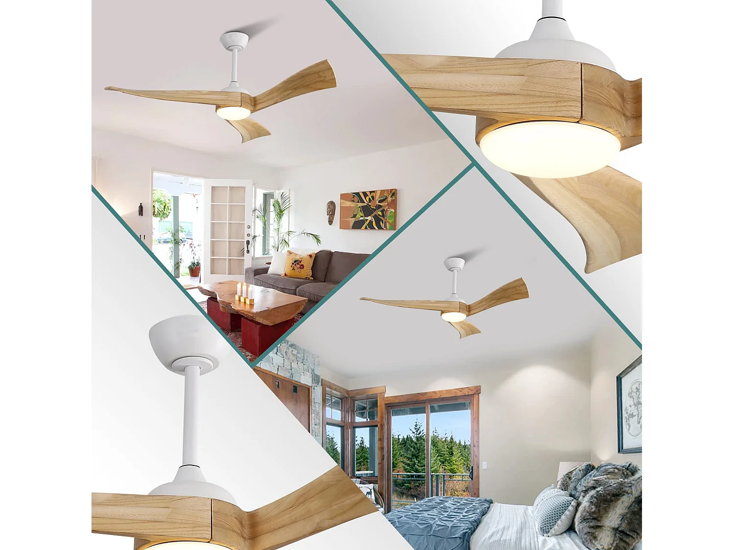 Ventilateur de plafond silencieux 132cm 3 pales en bois avec LED, 6 vitesses et timer, Moteur DC réversible, Blanc