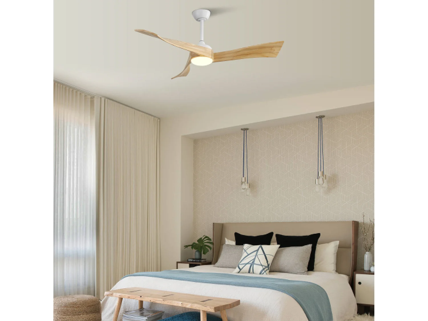 Ventilateur de plafond silencieux 132cm 3 pales en bois avec LED, 6 vitesses et timer, Moteur DC réversible, Blanc