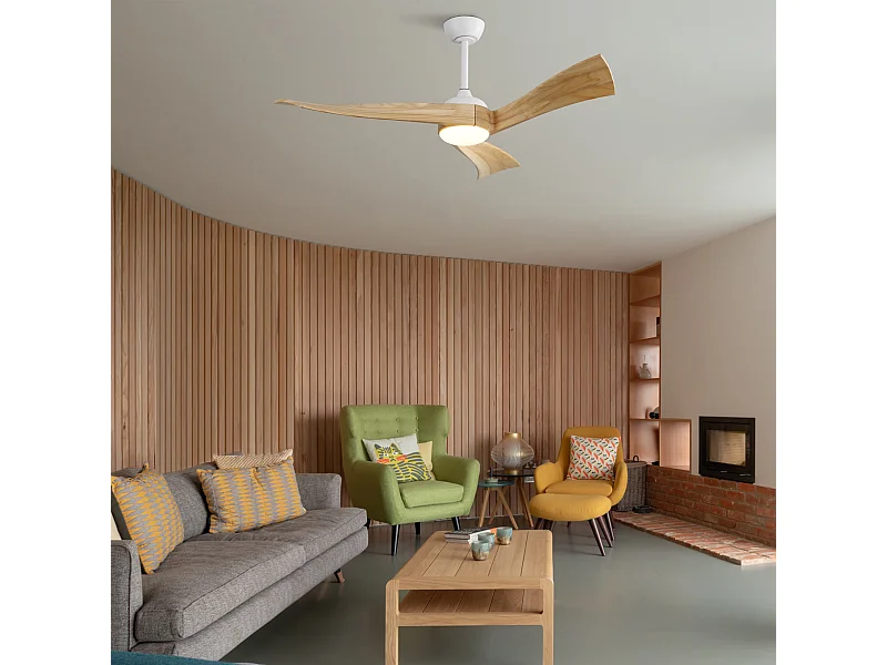132cm stille plafondventilator met 3 houten bladen, led, 6 snelheden en timer, omkeerbare DC-motor, wit