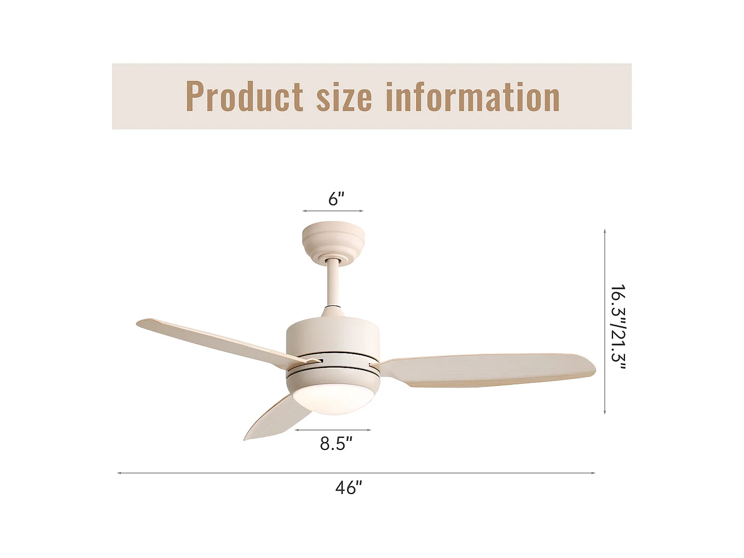 Ventilatore da soffitto da 116,8 cm, 3 pale in ABS con LED, 6 velocità, motore DC reversibile, beige