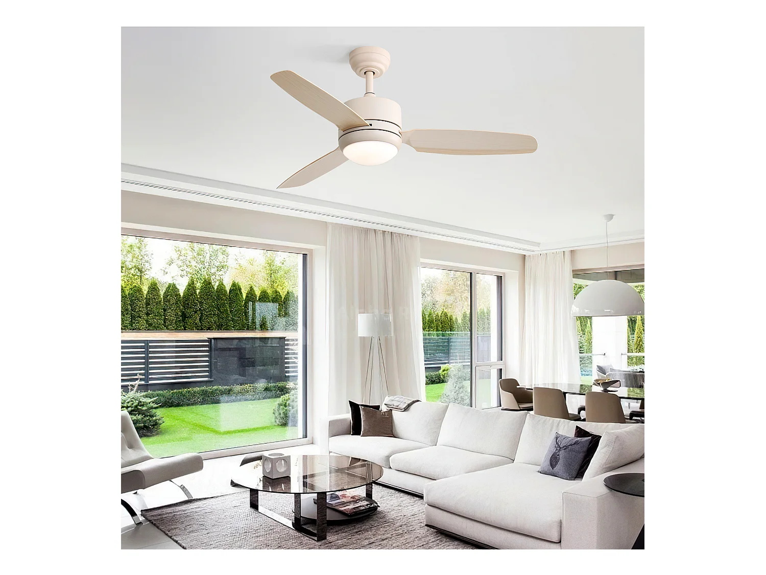 Ventilateur de plafond 116.8cm 3 ABS pales avec LED, 6 vitesses, Moteur DC réversible, Beige