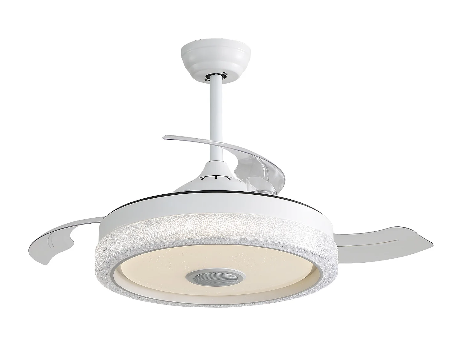 Ventilador de teto de 106,6 cm com 3 lâminas retráteis, LED e alto-falante Bluetooth, motor DC reversível, branco