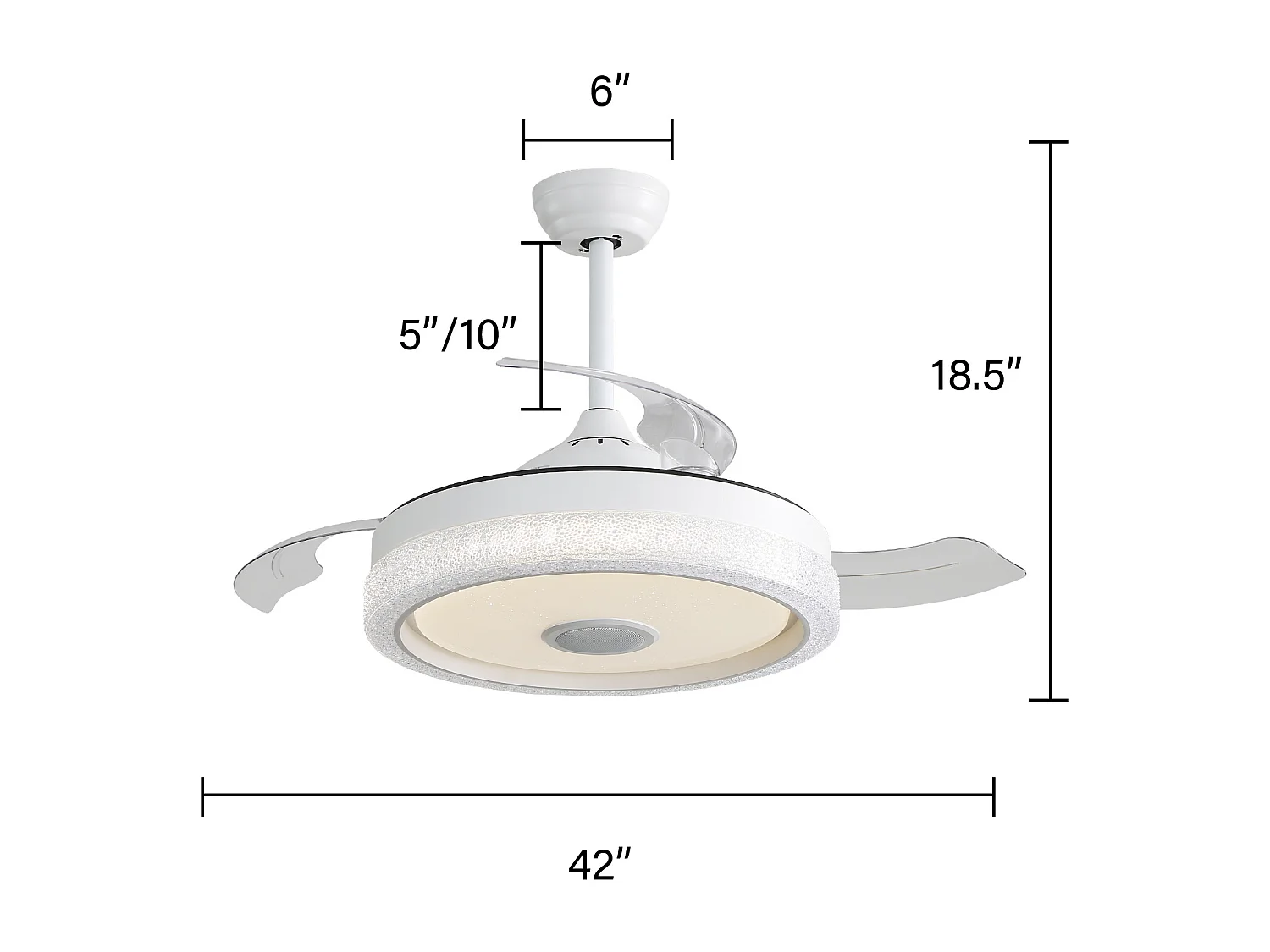 Ventilador de teto de 106,6 cm com 3 lâminas retráteis, LED e alto-falante Bluetooth, motor DC reversível, branco