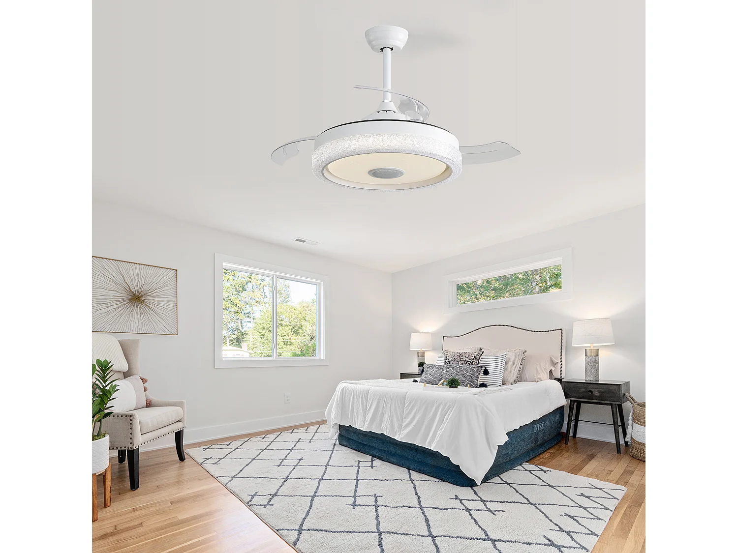 Ventilador de teto de 106,6 cm com 3 lâminas retráteis, LED e alto-falante Bluetooth, motor DC reversível, branco