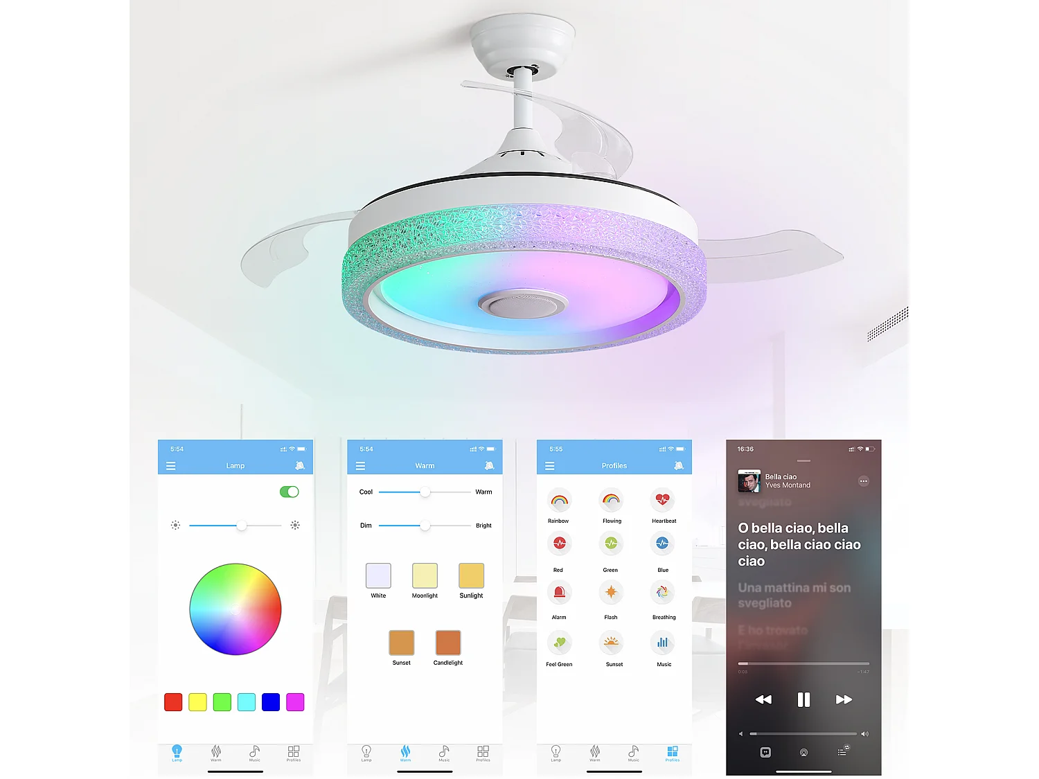 Ventilador de teto de 106,6 cm com 3 lâminas retráteis, LED e alto-falante Bluetooth, motor DC reversível, branco