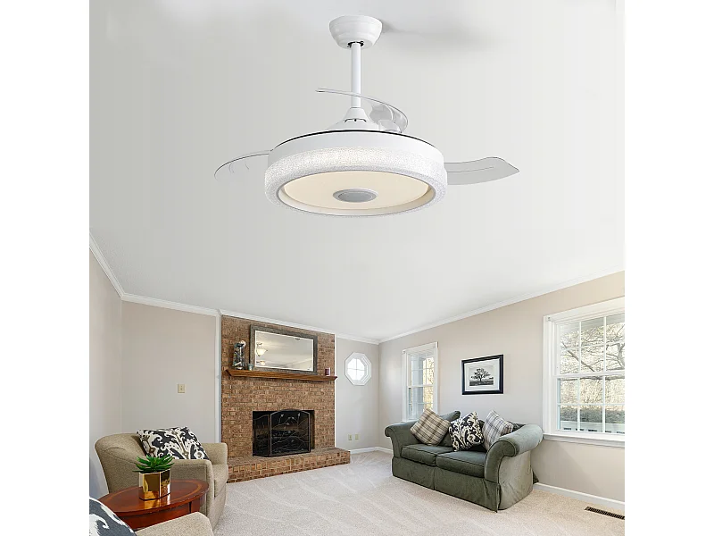 Ventilador de teto de 106,6 cm com 3 lâminas retráteis, LED e alto-falante Bluetooth, motor DC reversível, branco