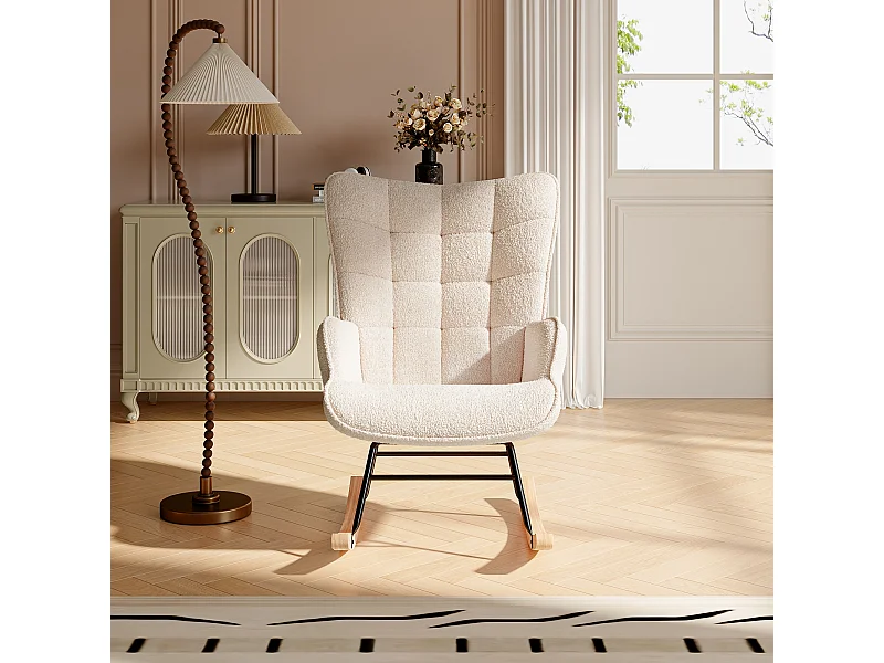 Fauteuil à bascule en peluche Teddy, fauteuil de lecture rembourré, dossier à carreaux, beige