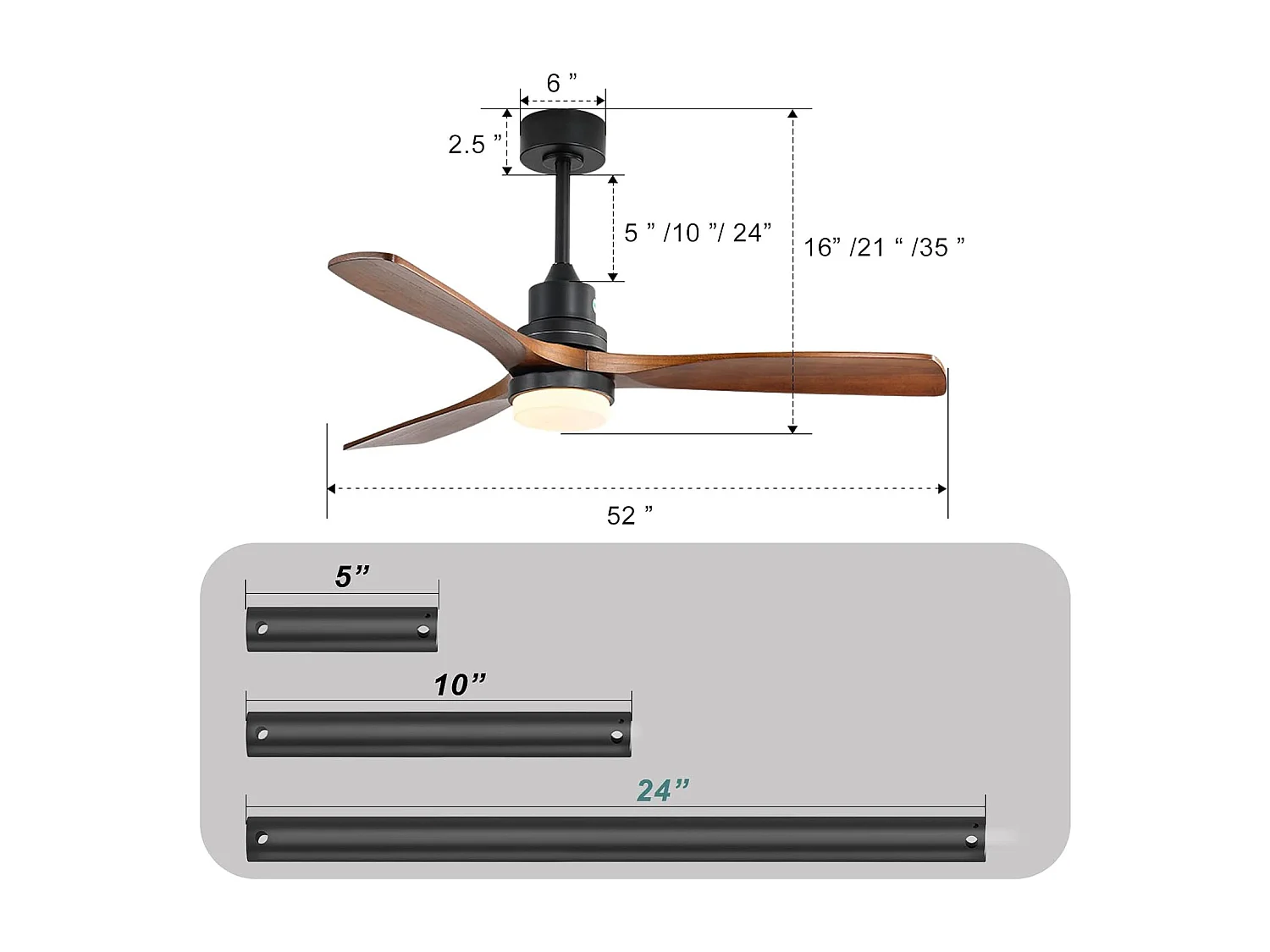 Ventilateur de plafond 132cm 3 pales noyer avec LED, 6 vitesses et timer, Moteur DC réversible, noir