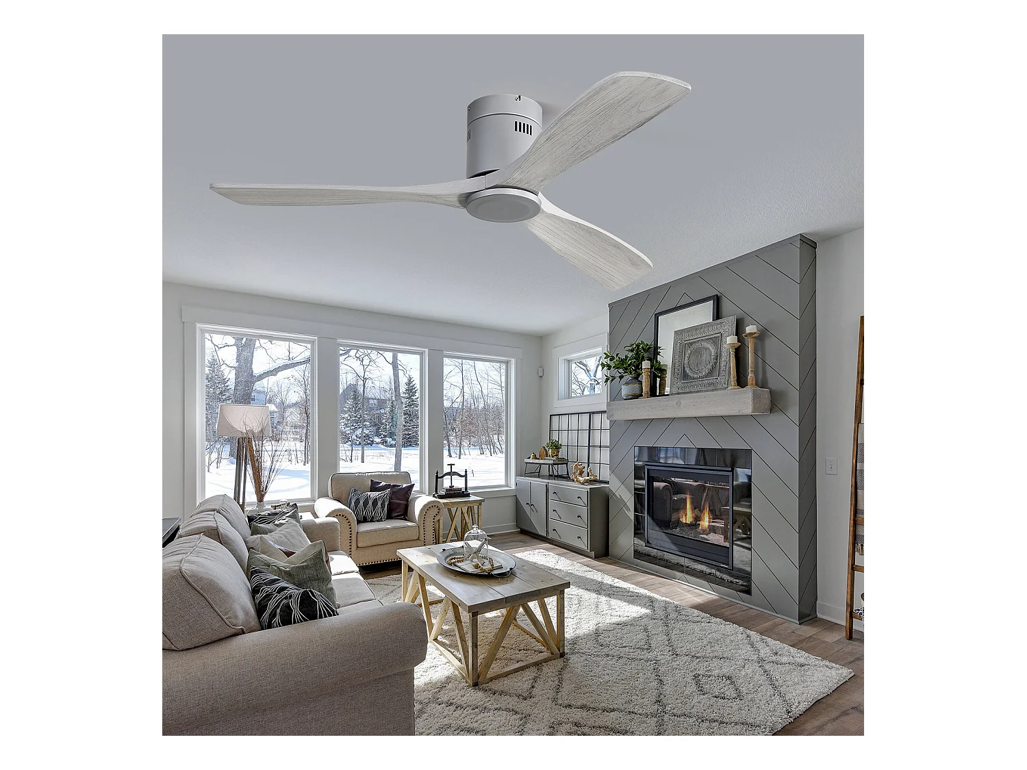 Ventilatore da soffitto da 132 cm con 3 pale in legno, 6 velocità e timer, motore DC reversibile, grigio