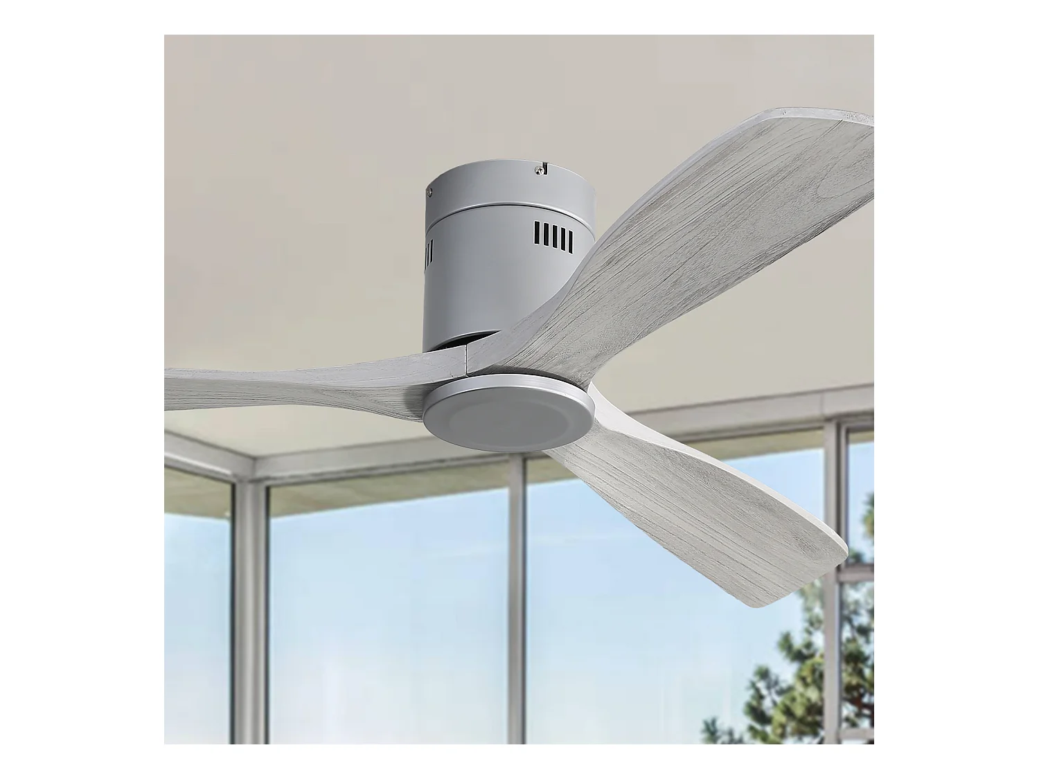 Ventilateur de plafond 132cm 3 pales en bois, 6 vitesses et timer, Moteur DC réversible, gris