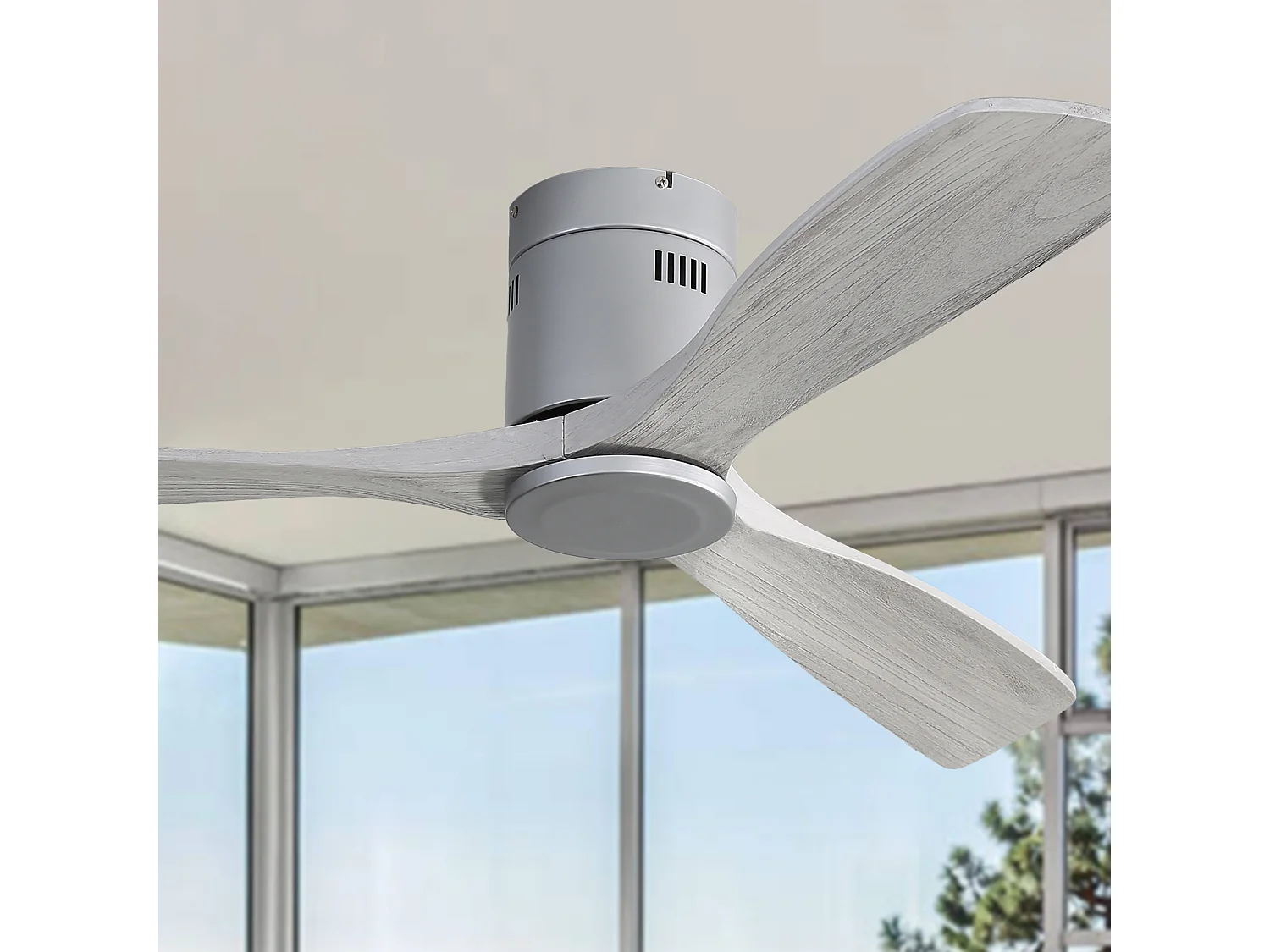 Ventilateur de plafond 132cm 3 pales en bois, 6 vitesses et timer, Moteur DC réversible, gris