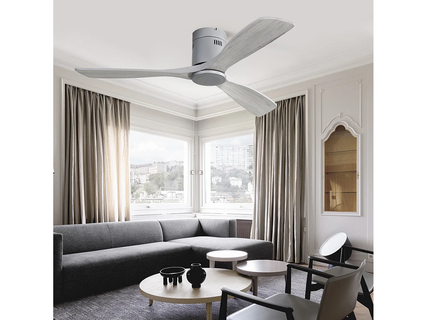 Ventilateur de plafond 132cm 3 pales en bois, 6 vitesses et timer, Moteur DC réversible, gris