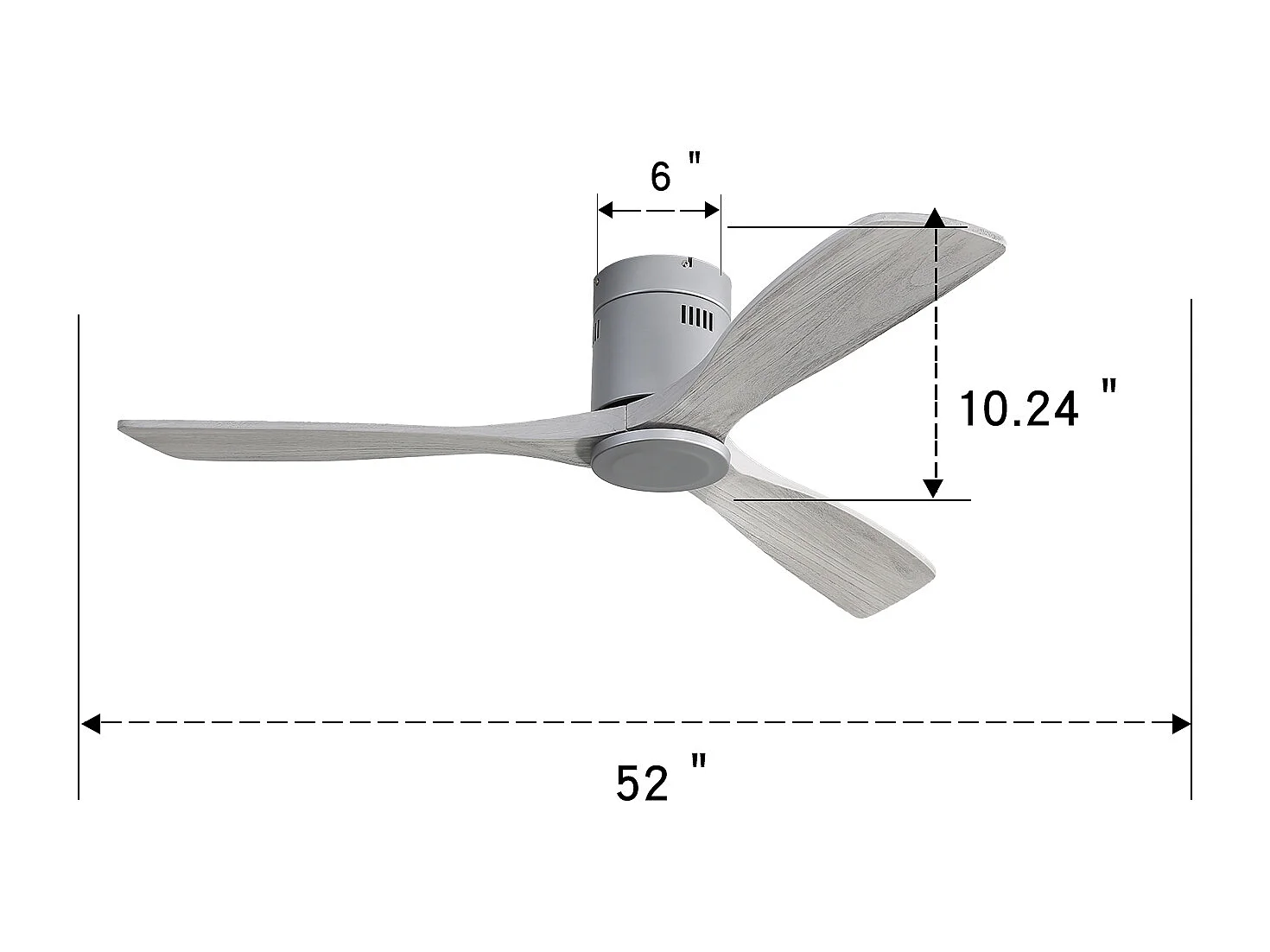 Ventilateur de plafond 132cm 3 pales en bois, 6 vitesses et timer, Moteur DC réversible, gris