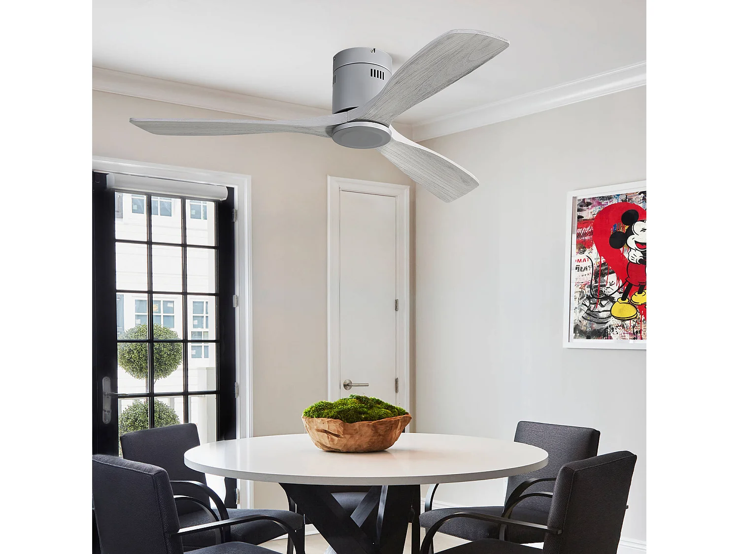 Ventilateur de plafond 132cm 3 pales en bois, 6 vitesses et timer, Moteur DC réversible, gris