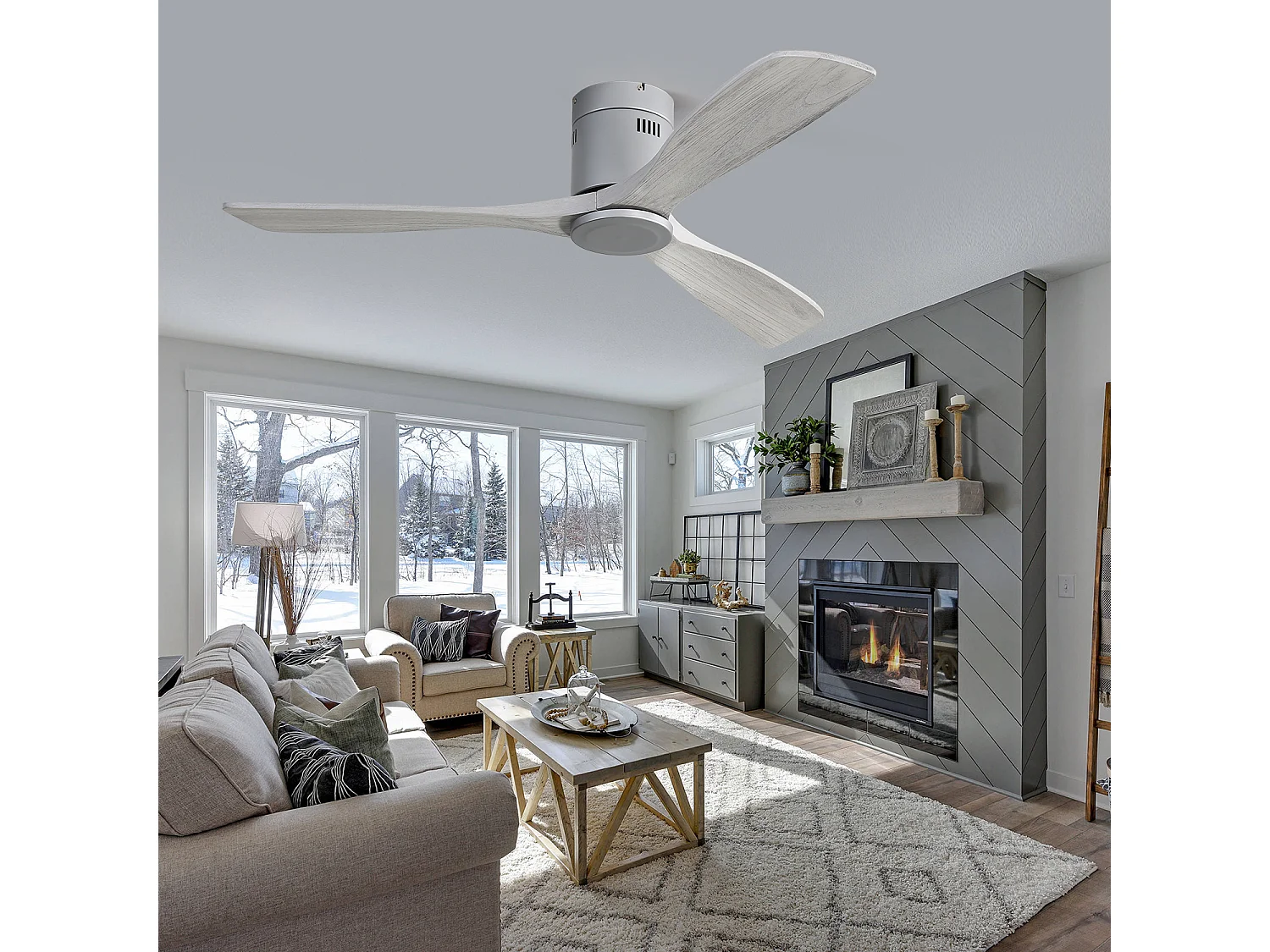 Ventilateur de plafond 132cm 3 pales en bois, 6 vitesses et timer, Moteur DC réversible, gris