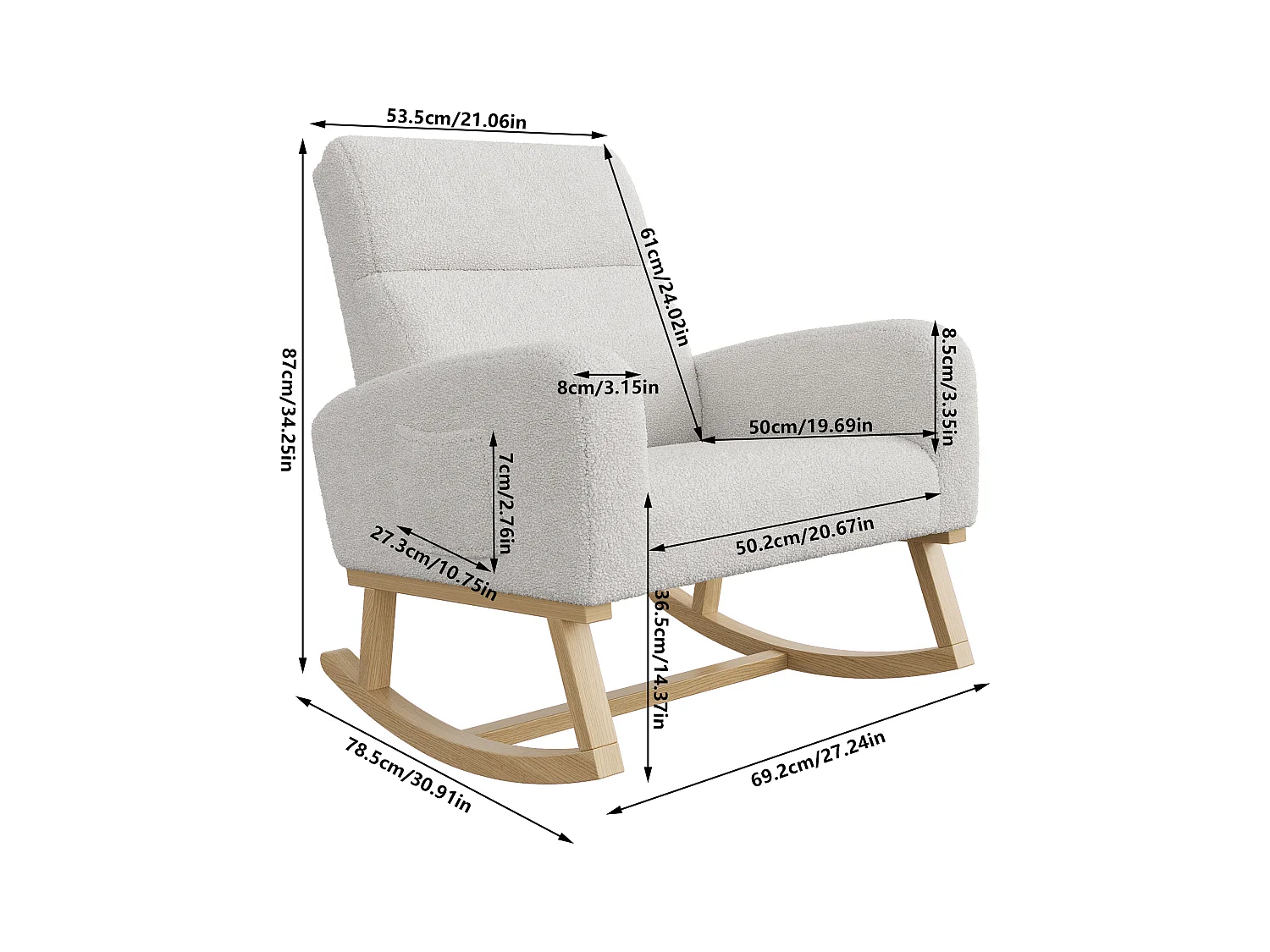 Rocking Chair, Fauteuil Allaitement avec Poche Latérale et Accoudoirs, Pieds en Bois,Gris clair