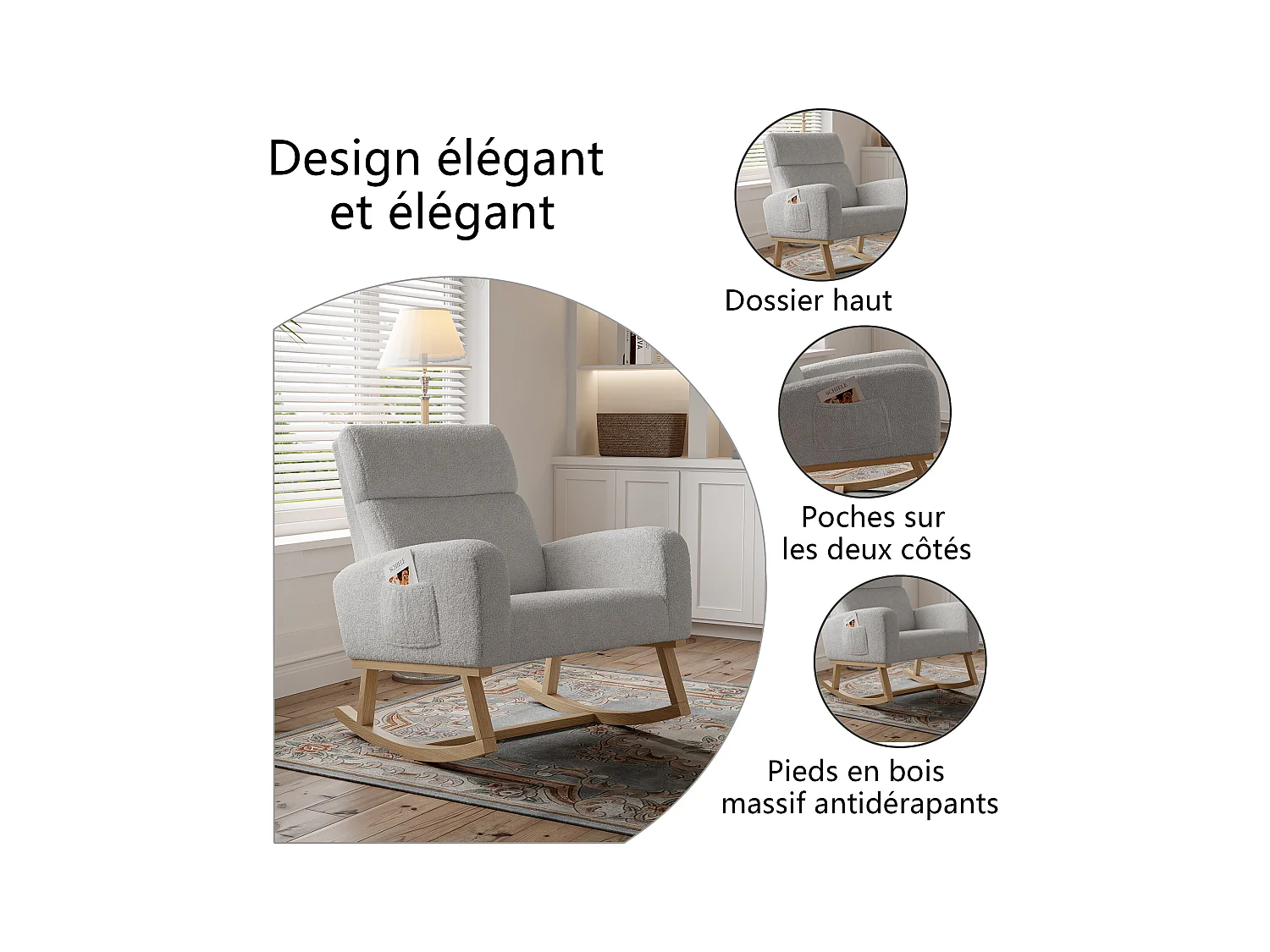 Rocking Chair, Fauteuil Allaitement avec Poche Latérale et Accoudoirs, Pieds en Bois,Gris clair