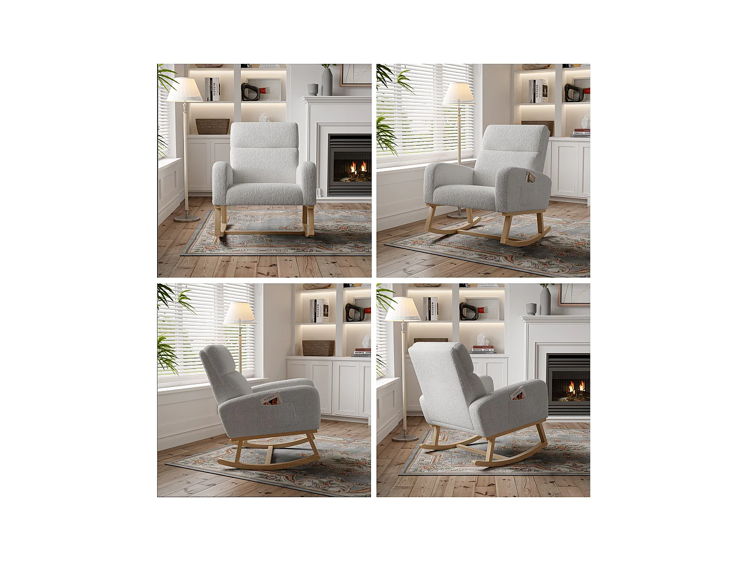 Rocking Chair, Fauteuil Allaitement avec Poche Latérale et Accoudoirs, Pieds en Bois,Gris clair