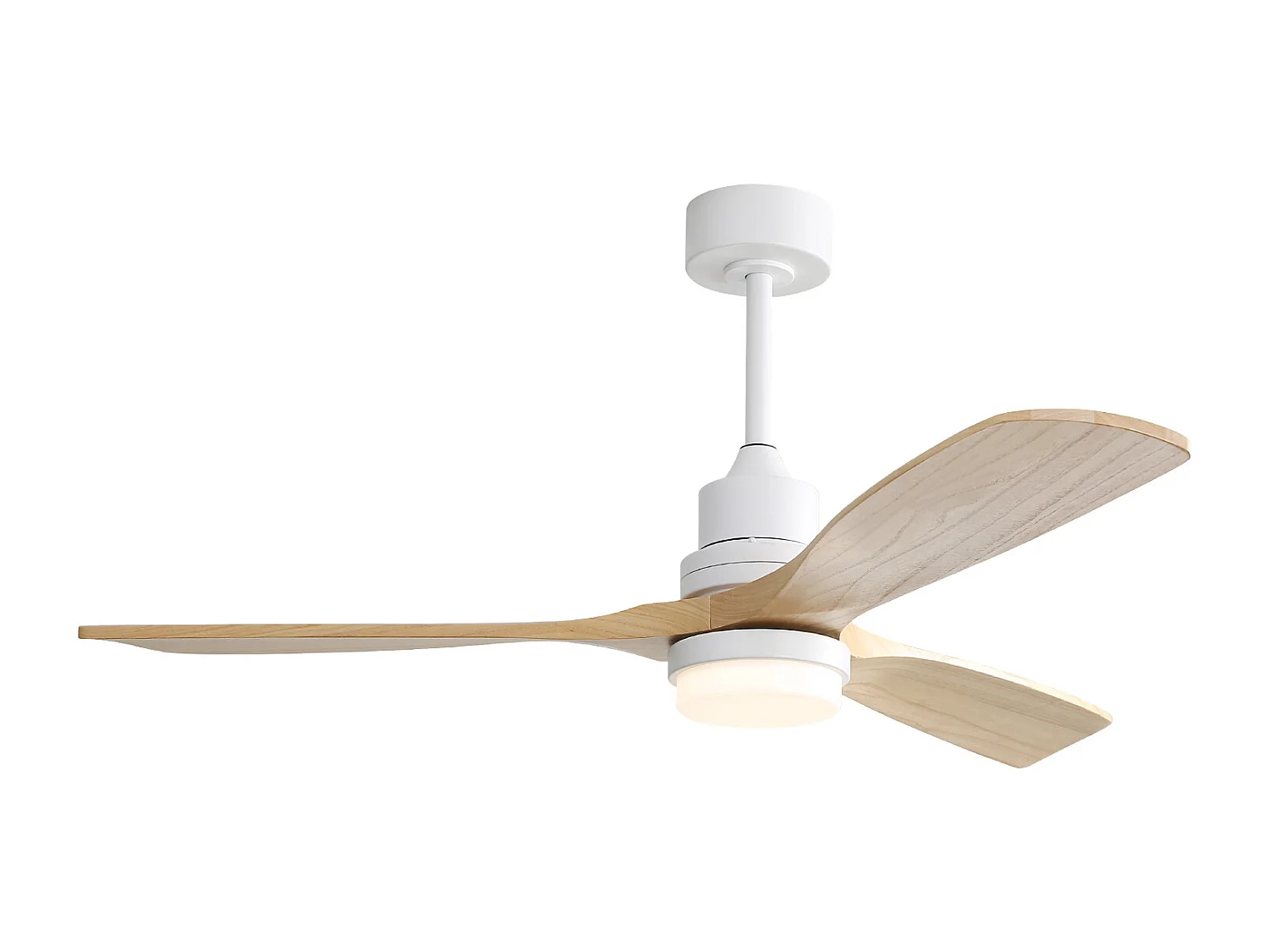 Ventilateur de plafond 132cm 3 pales en bois avec LED, 6 vitesses et timer, Moteur DC réversible, Blanc