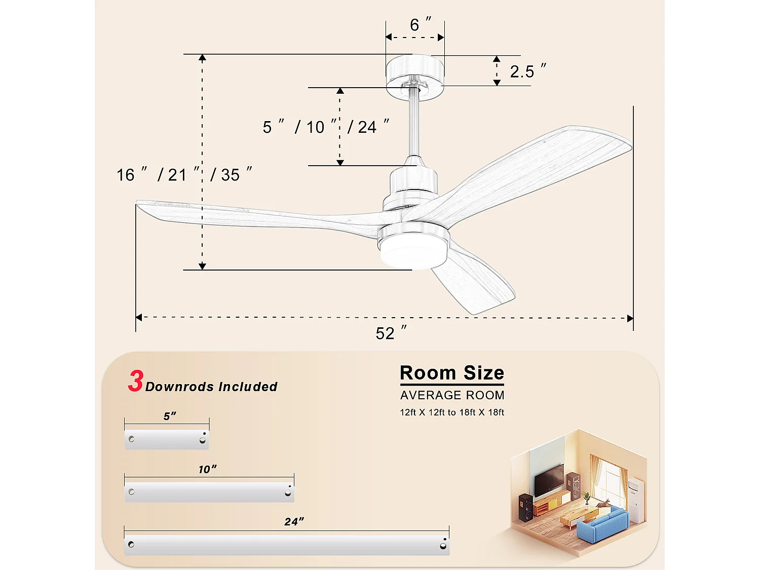 Ventilateur de plafond 132cm 3 pales en bois avec LED, 6 vitesses et timer, Moteur DC réversible, Blanc