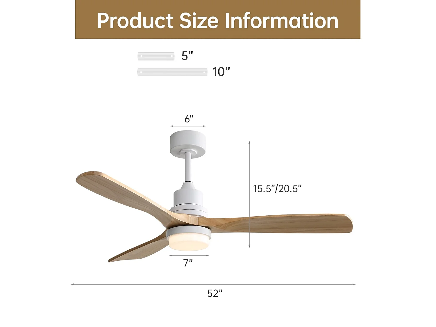 Ventilateur de plafond 132cm 3 pales en bois avec LED, 6 vitesses et timer, Moteur DC réversible, Blanc