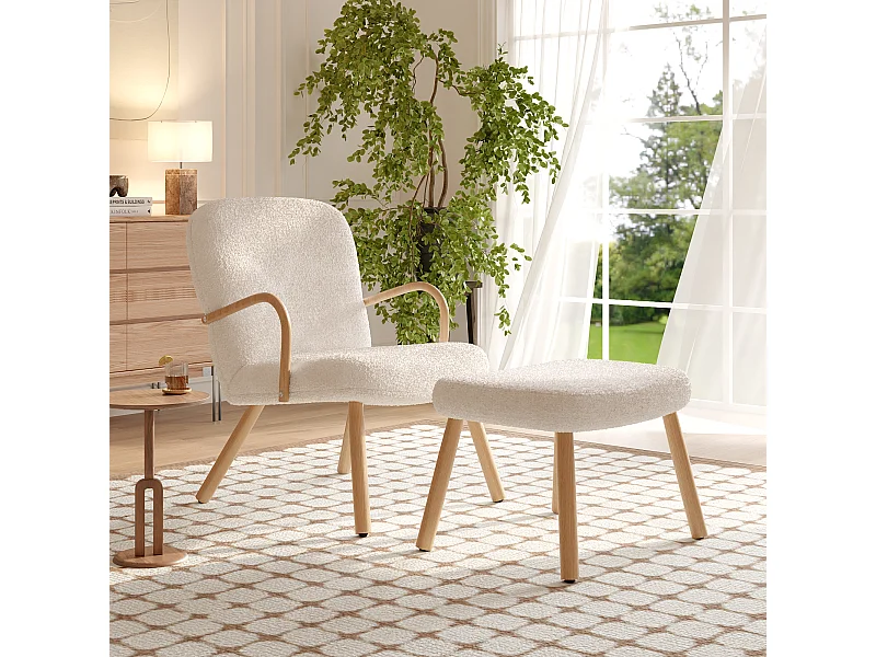 Conjunto de 2 peças, conjunto de cadeira Sherpa com banco, design elegante, branco