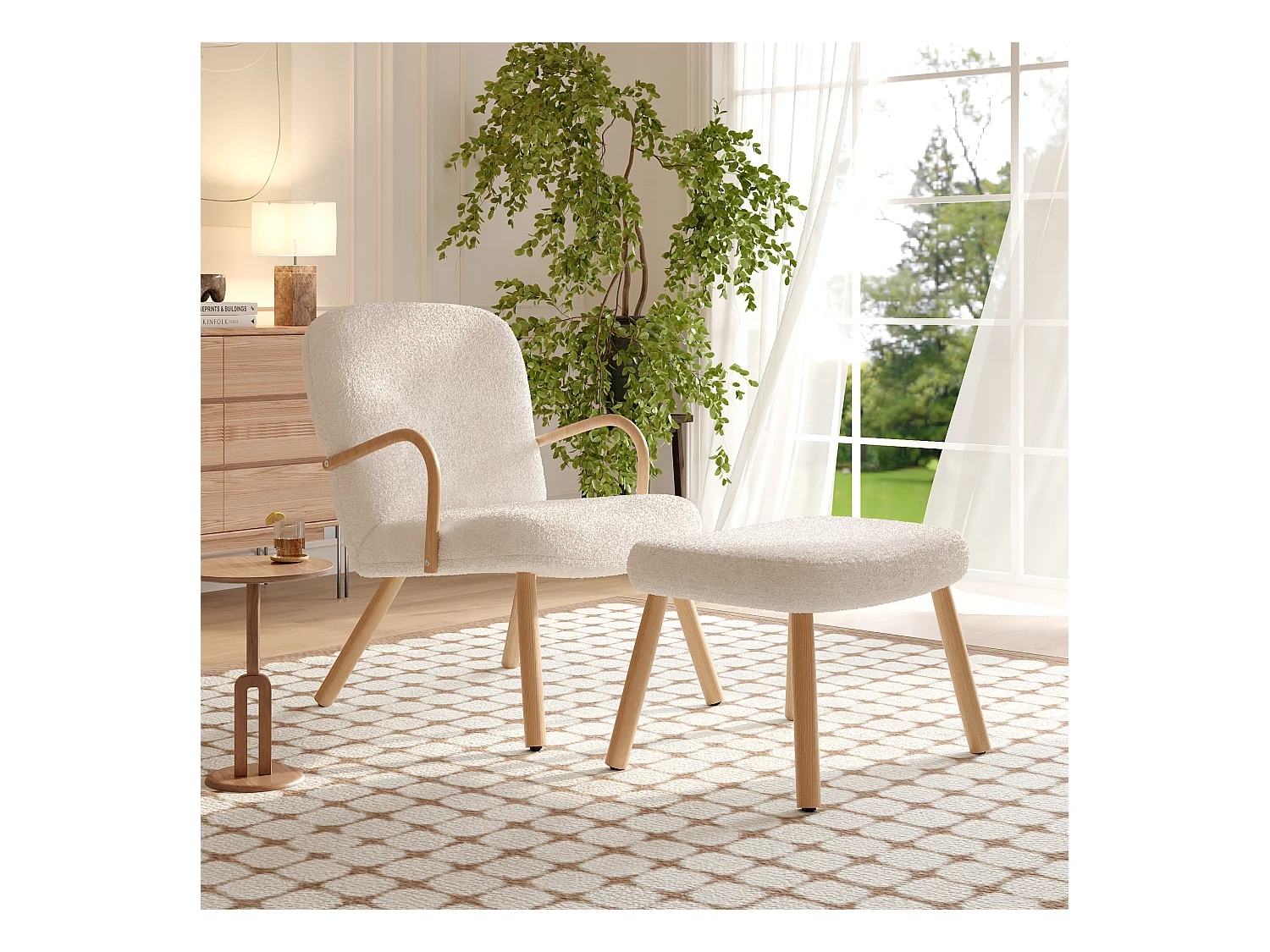 Fauteuil à Oreilles Avec Tabouret, Relaxation Rembourrée Pour Salon , Chambre à Coucher , Beige