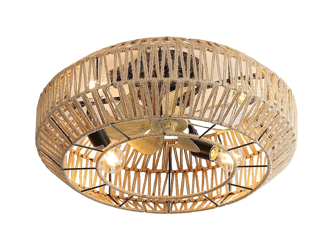 Ventilateur de plafond avec abat-jour en corde de jute 56cm 7 pales avec éclairage, 6 vitesses, Moteur DC réversible，naturel clair