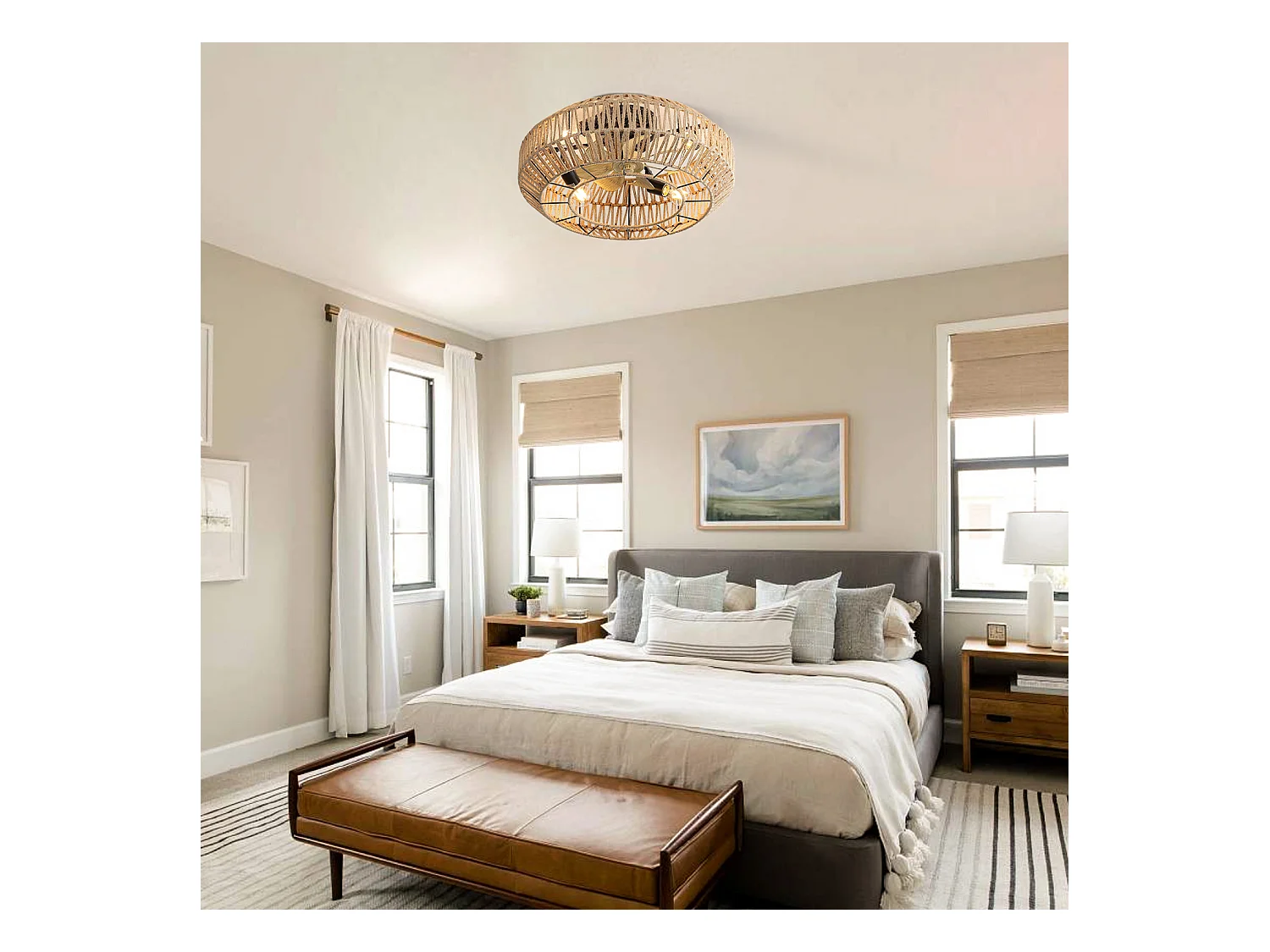 Ventilateur de plafond avec abat-jour en corde de jute 56cm 7 pales avec éclairage, 6 vitesses, Moteur DC réversible，naturel clair