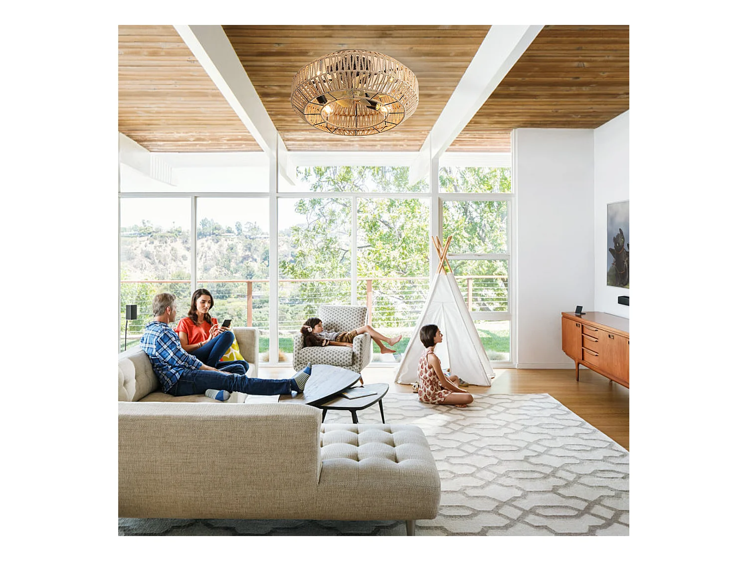 Ventilateur de plafond avec abat-jour en corde de jute 56cm 7 pales avec éclairage, 6 vitesses, Moteur DC réversible，naturel clair