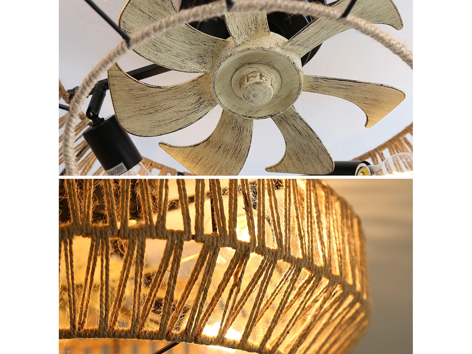 Ventilateur de plafond avec abat-jour en corde de jute 56cm 7 pales avec éclairage, 6 vitesses, Moteur DC réversible，naturel clair