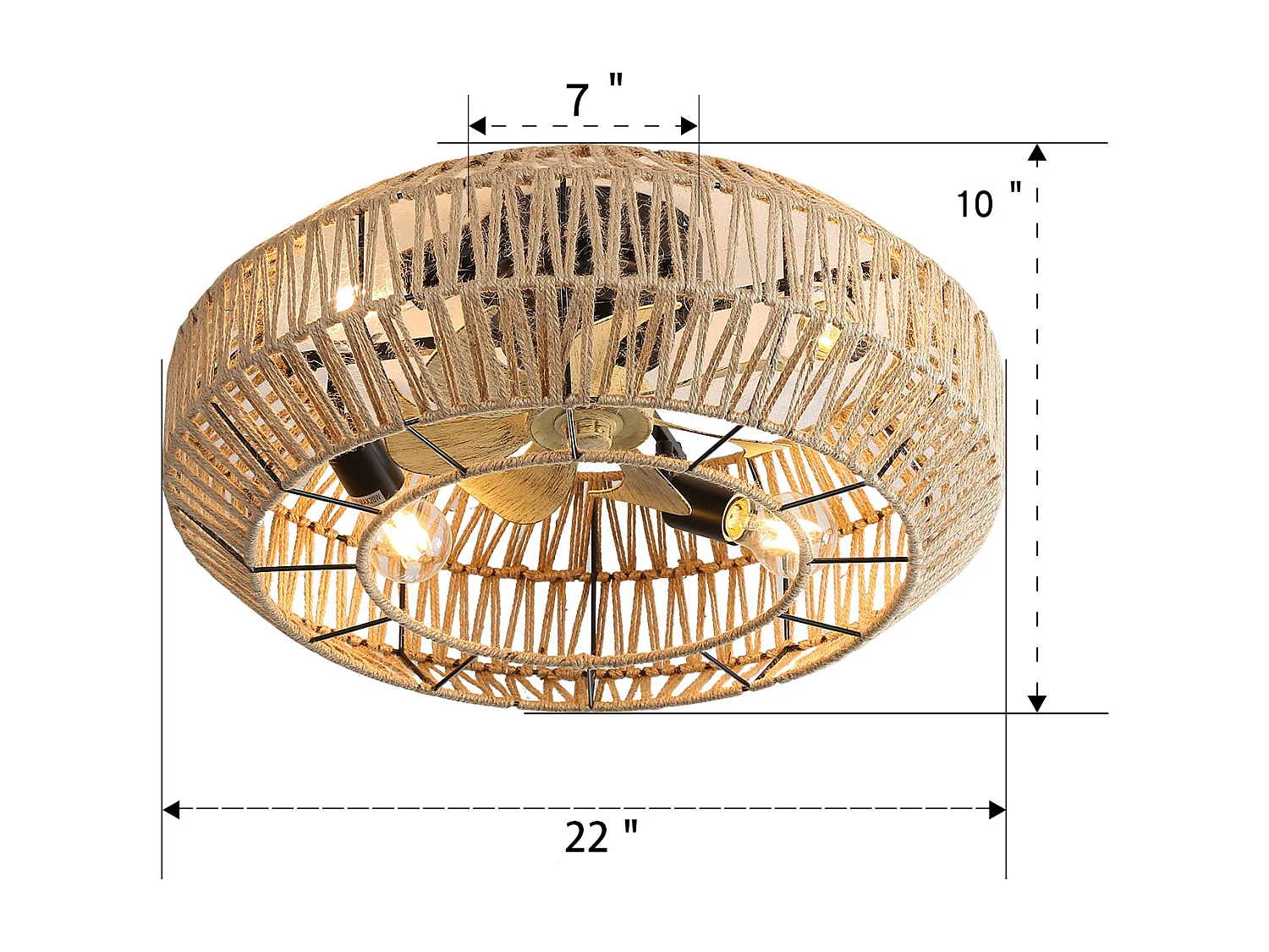 Plafondventilator met jute touwkap 56 cm, 7 bladen, licht, 6 snelheden, omkeerbare DC-motor, natuurlijk licht