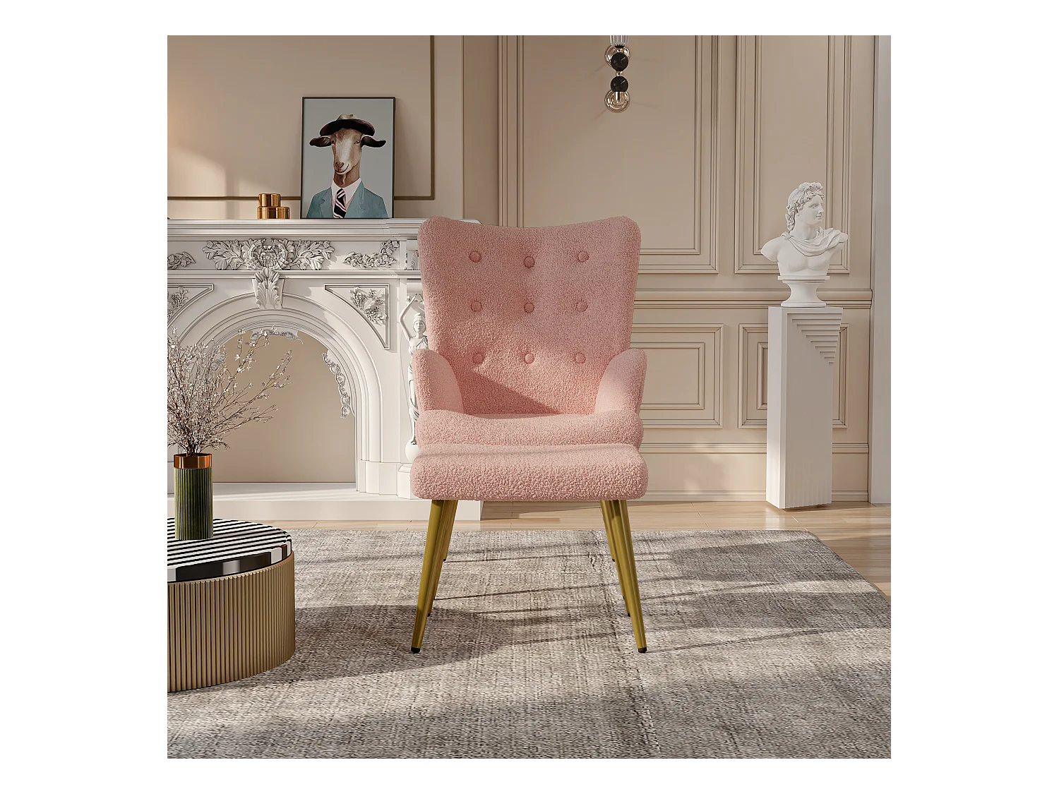 Conjunto de 2 peças, conjunto de cadeira sherpa com banquinho, design elegante, rosa