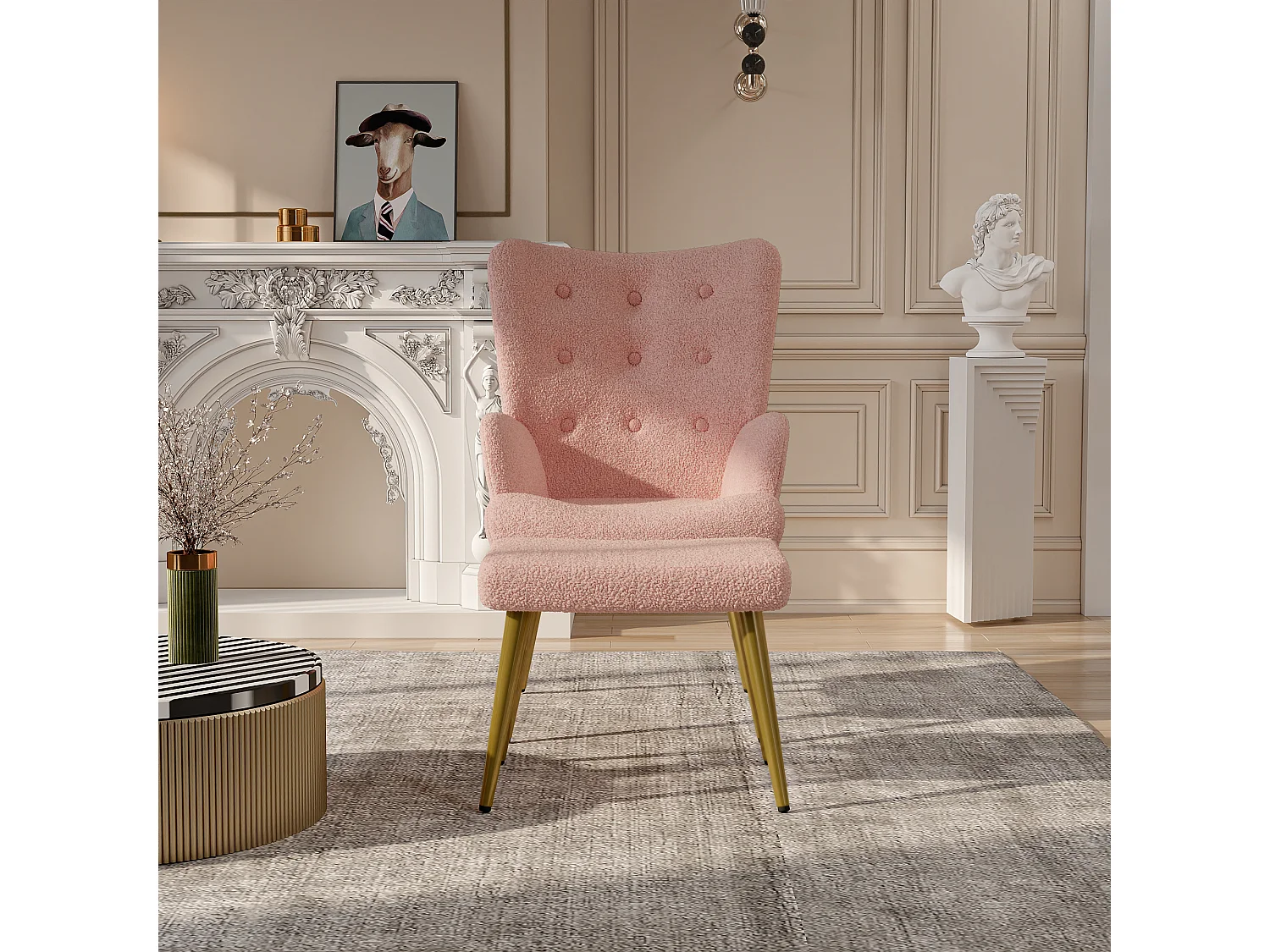 Fauteuil relax avec repose-pieds, Chaise de salle à manger avec laine d'agneau, Moderne, rose