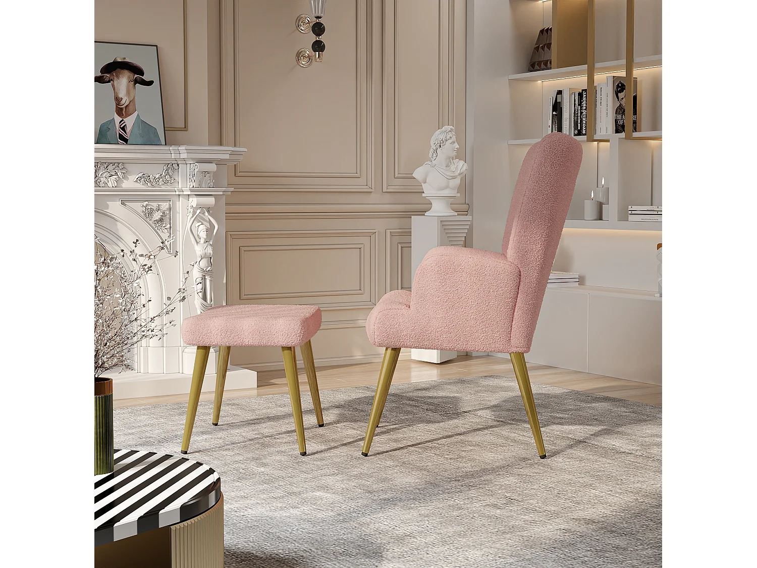 Fauteuil relax avec repose-pieds, Chaise de salle à manger avec laine d'agneau, Moderne, rose