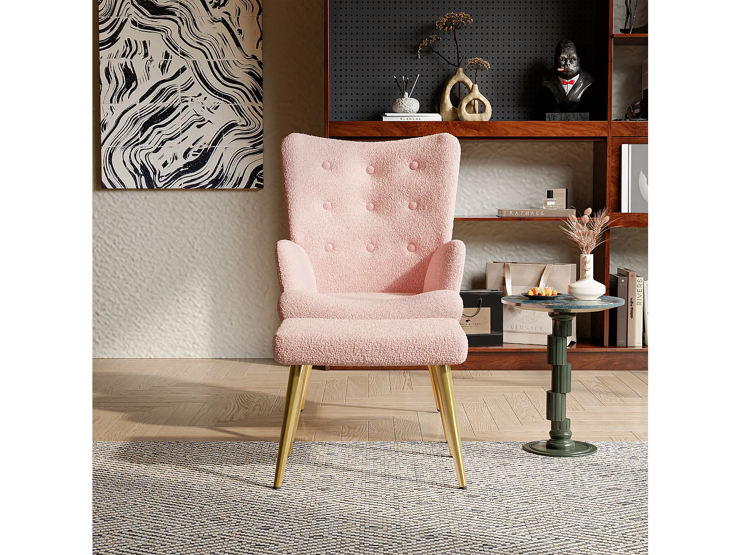Fauteuil relax avec repose-pieds, Chaise de salle à manger avec laine d'agneau, Moderne, rose