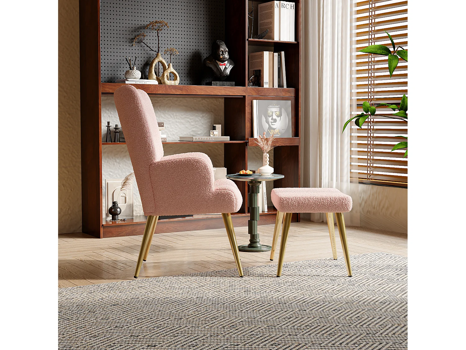 Fauteuil relax avec repose-pieds, Chaise de salle à manger avec laine d'agneau, Moderne, rose