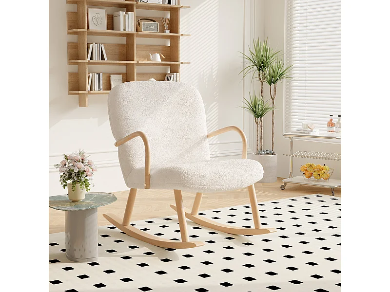 Fauteuil à bascule en laine avec accoudoirs et pieds en bois robustes et dossier haut , beige