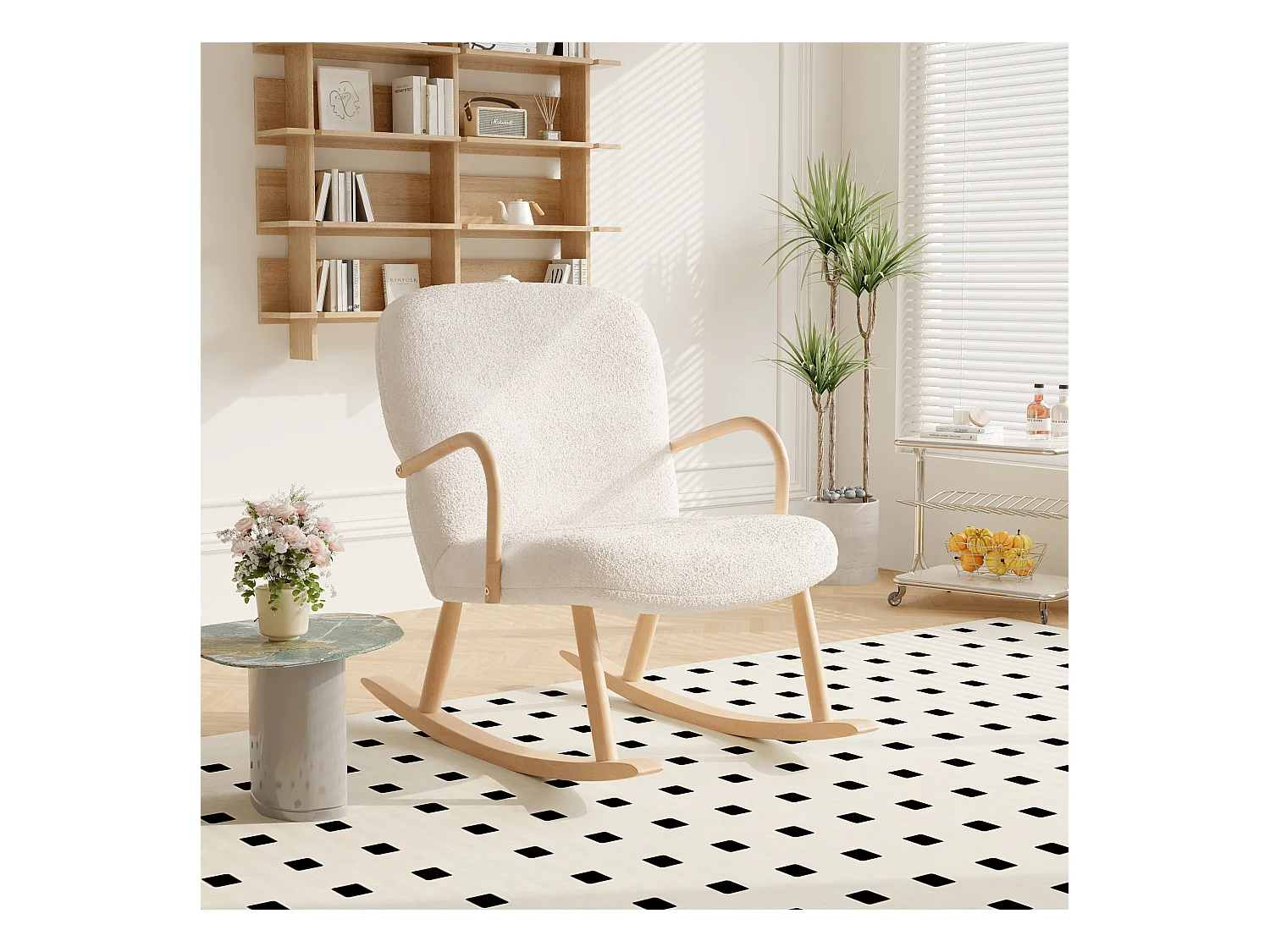 Fauteuil à bascule en laine avec accoudoirs et pieds en bois robustes et dossier haut , beige