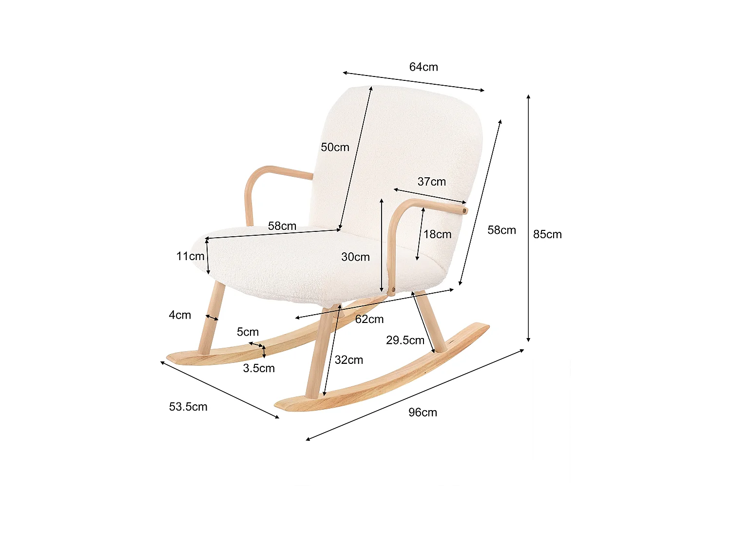 Fauteuil à bascule en laine avec accoudoirs et pieds en bois robustes et dossier haut , beige