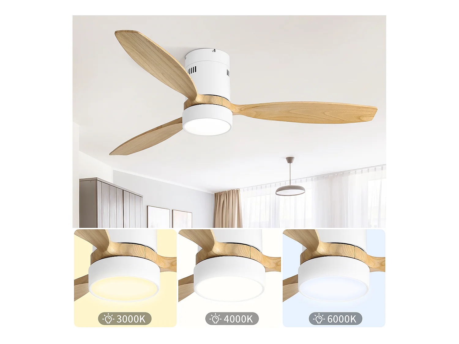 Ventilateur de plafond 132cm 3 pales naturel avec LED, 6 vitesses et timer, Moteur DC réversible, Blanc