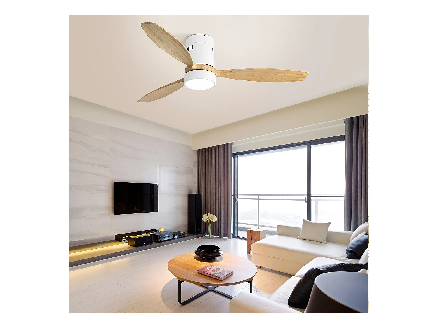 Ventilateur de plafond 132cm 3 pales naturel avec LED, 6 vitesses et timer, Moteur DC réversible, Blanc