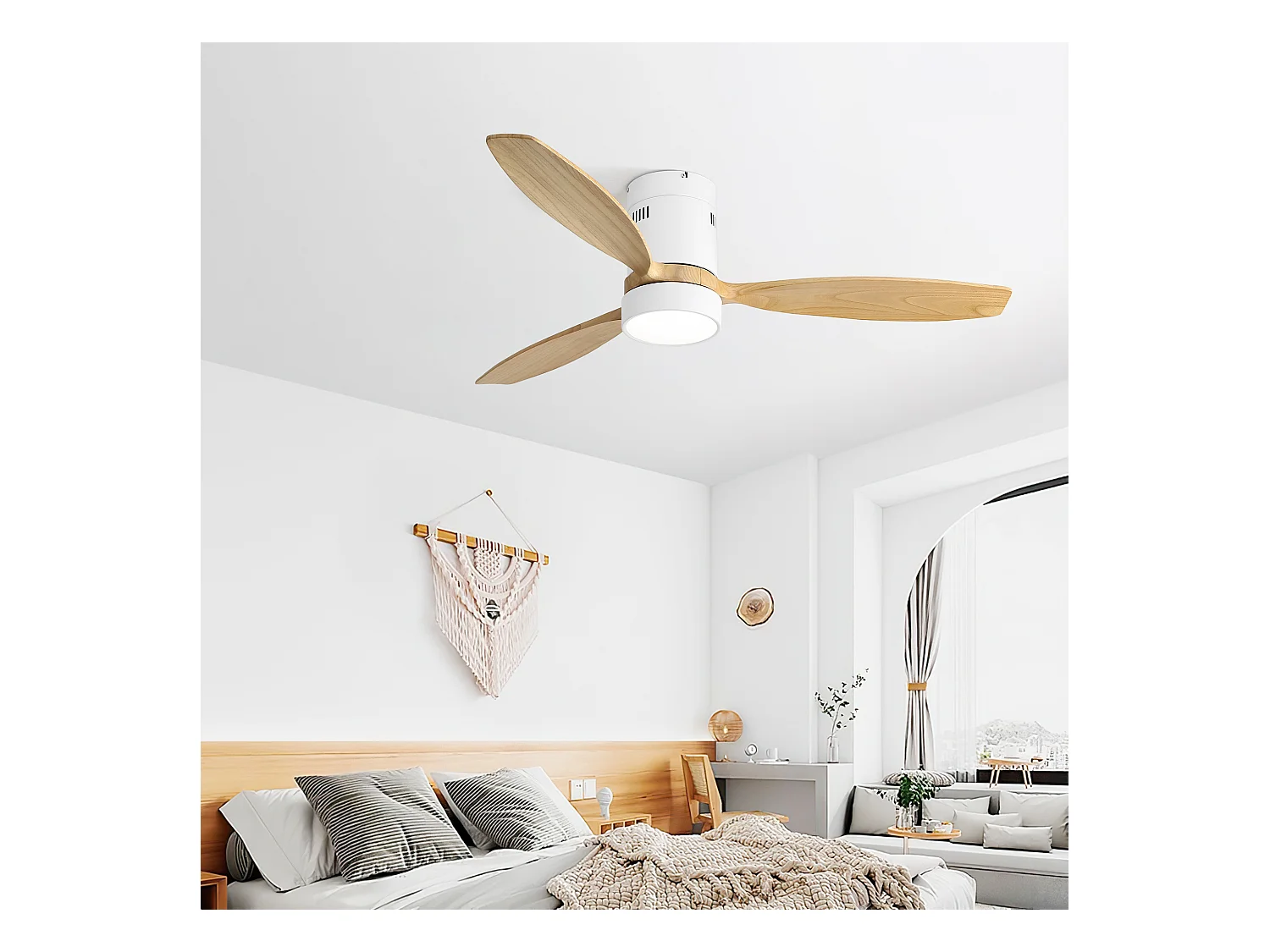 Ventilateur de plafond 132cm 3 pales naturel avec LED, 6 vitesses et timer, Moteur DC réversible, Blanc