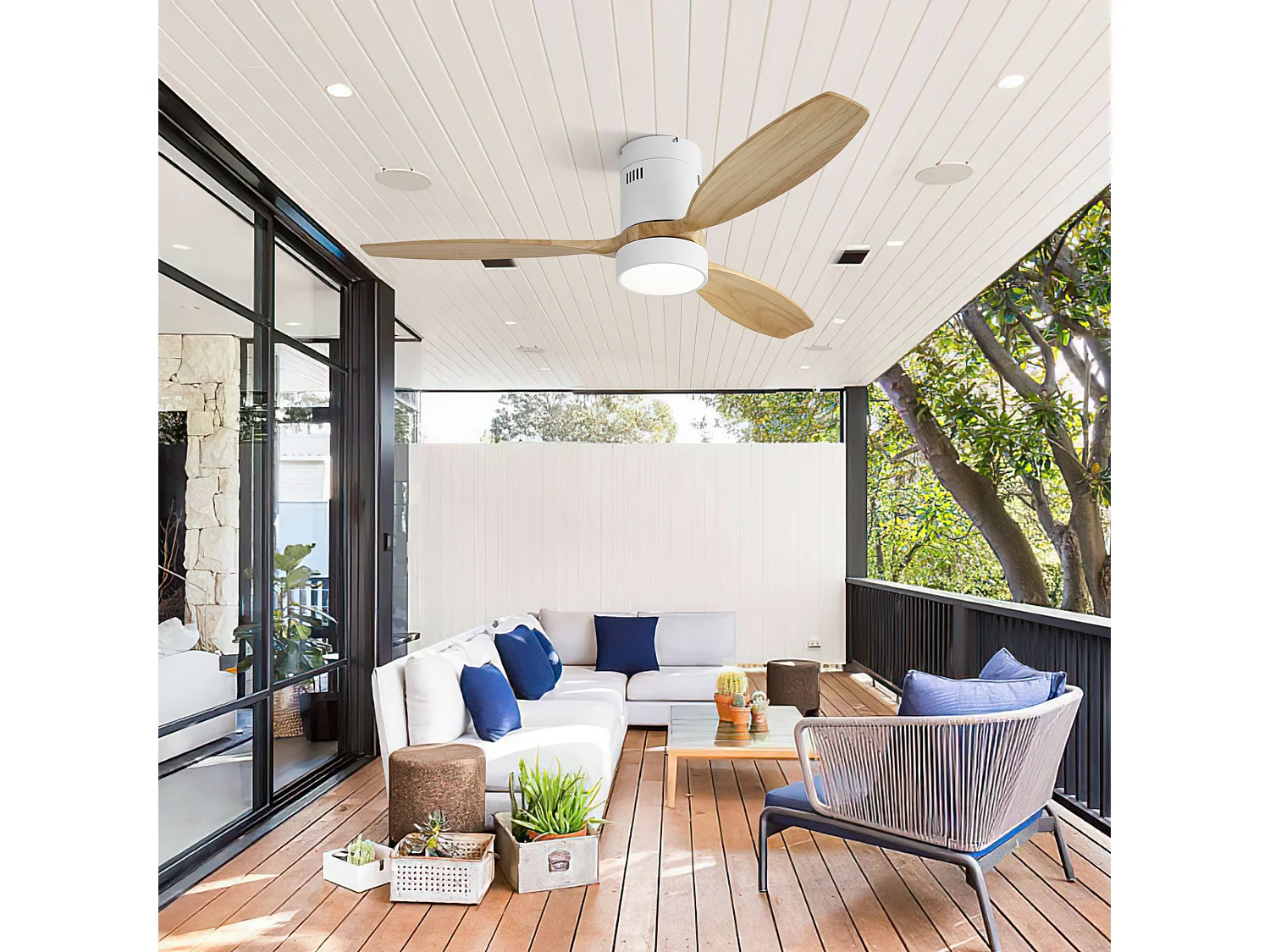 Ventilateur de plafond 132cm 3 pales naturel avec LED, 6 vitesses et timer, Moteur DC réversible, Blanc