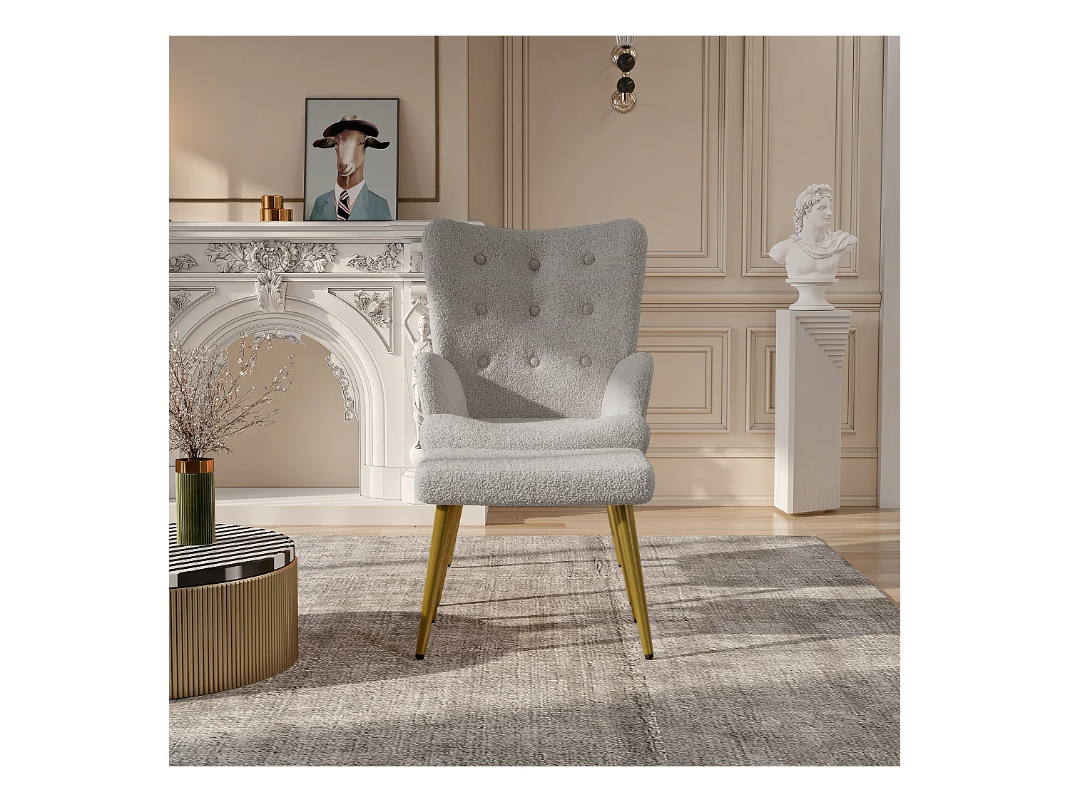 Fauteuil relax avec repose-pieds, Chaise de salle à manger avec laine d'agneau, Moderne, Gris clair
