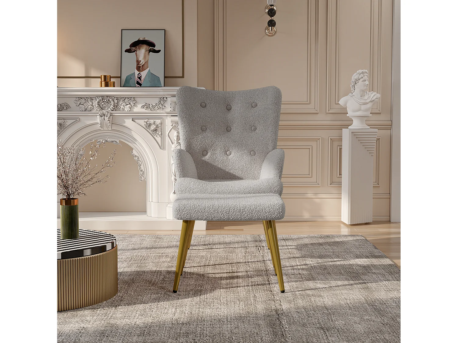 Sillón relax con reposapiés, Silla de comedor con lana de cordero, Moderno, Gris claro