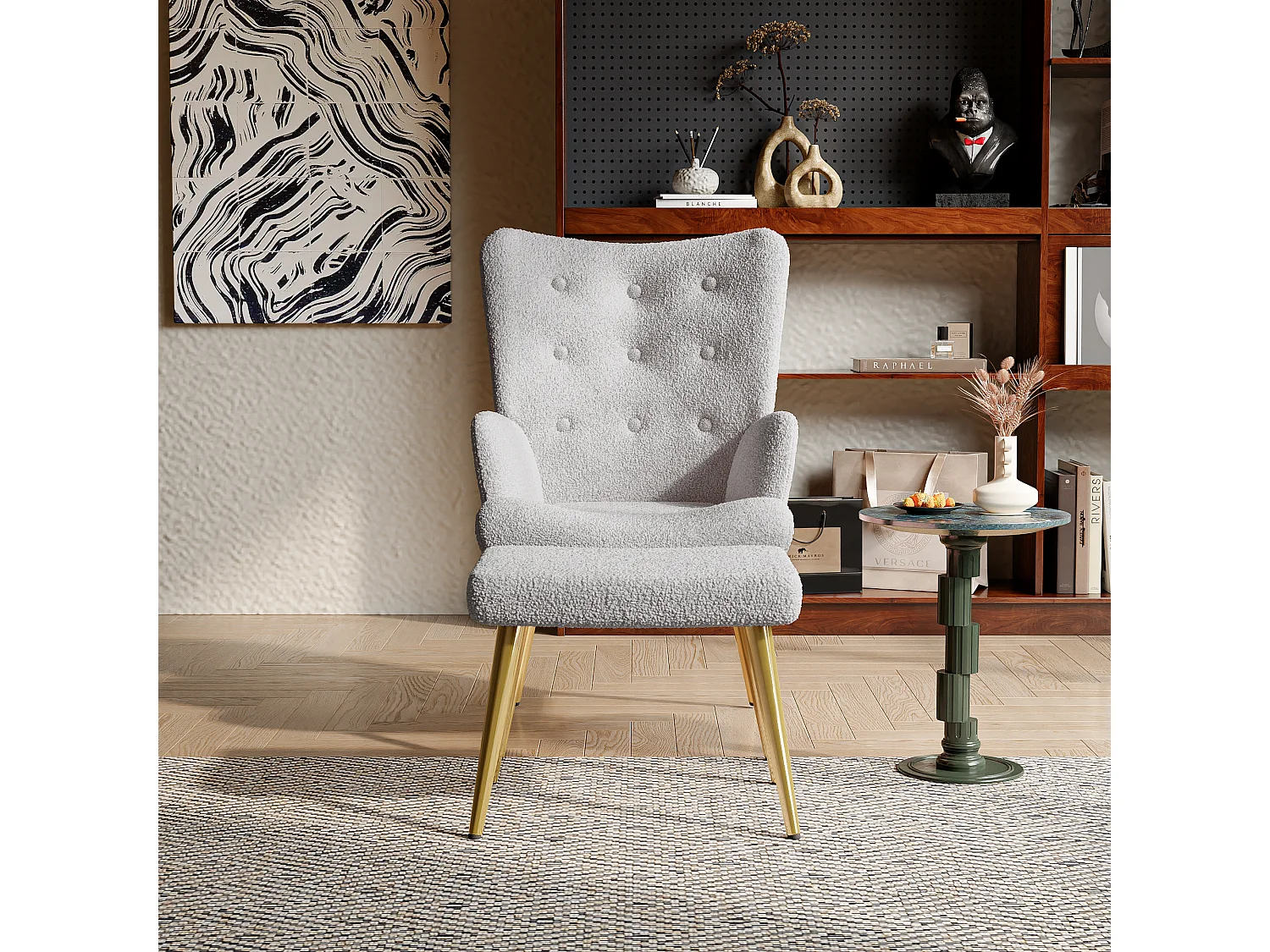Sillón relax con reposapiés, Silla de comedor con lana de cordero, Moderno, Gris claro