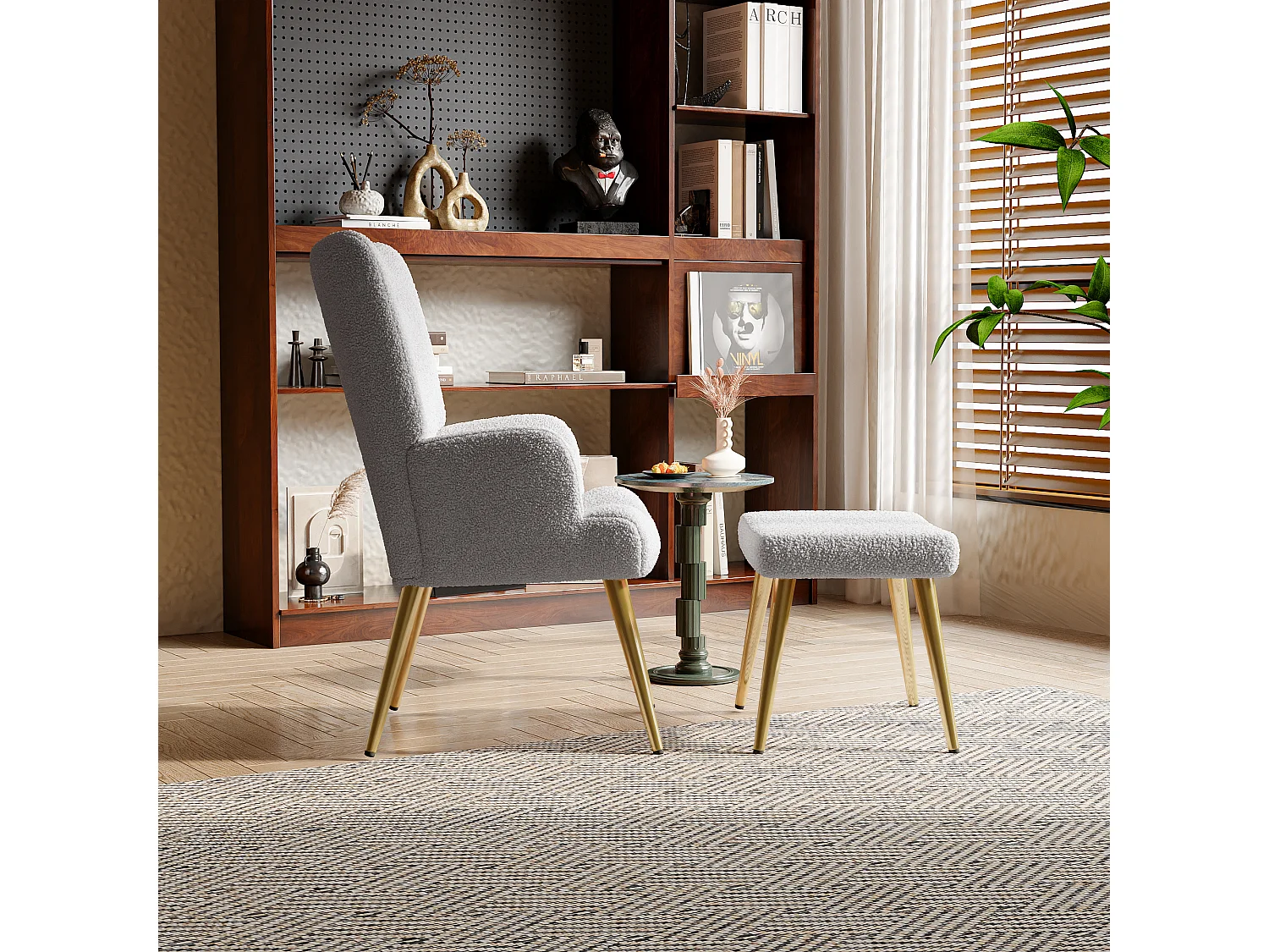 Sillón relax con reposapiés, Silla de comedor con lana de cordero, Moderno, Gris claro