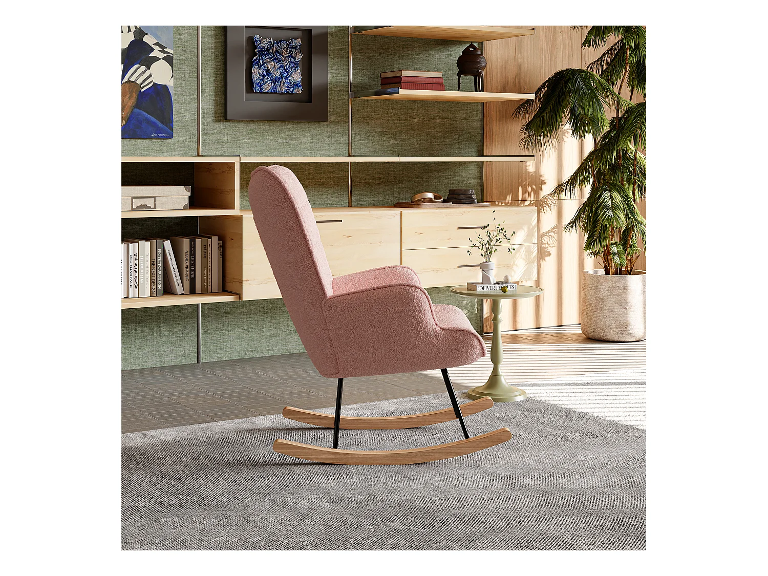 Fauteuil à bascule en peluche Teddy, fauteuil de lecture rembourré, dossier à carreaux, rose