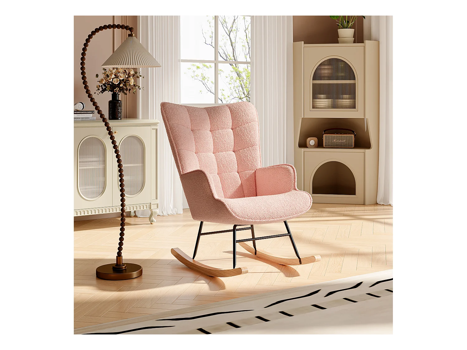 Fauteuil à bascule en peluche Teddy, fauteuil de lecture rembourré, dossier à carreaux, rose